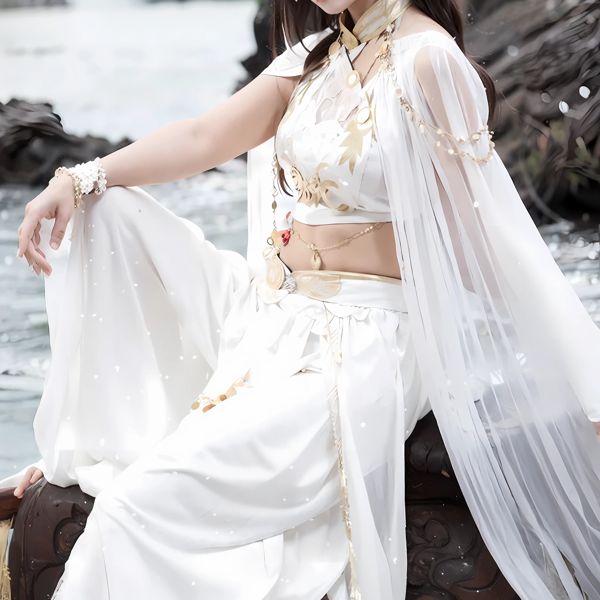 Araki woman in a white dress sits on a rock by the sea, White Hanfu, long white robe,Gold accents, mahira khan as a d&d wizard, ancient white dress, Hanfu, very beautiful elven top model, Palace , A girl in Hanfu, beautiful costume, White cape, white and gold priestess robes