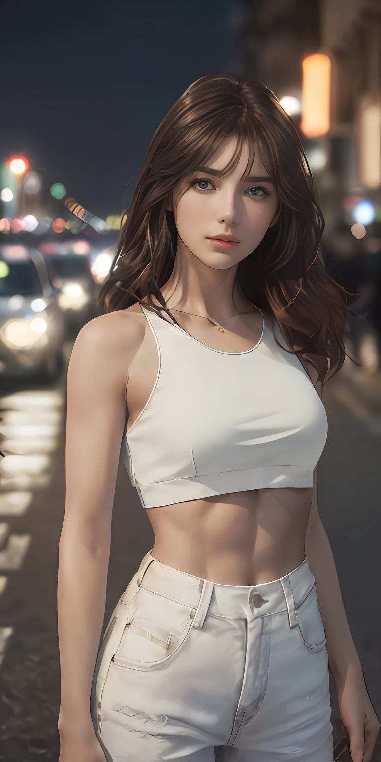 ((Realistic lighting, Best quality, 8K, Masterpiece: 1.3)), Clear focus: 1.2, 1girl, Perfect Figure: 1.4, Slim Abs: 1.1, ((Dark brown hair)), (White crop top: 1.4), (Outdoor, Night: 1.1), City streets, Super fine face, Fine eyes, Double eyelids,
