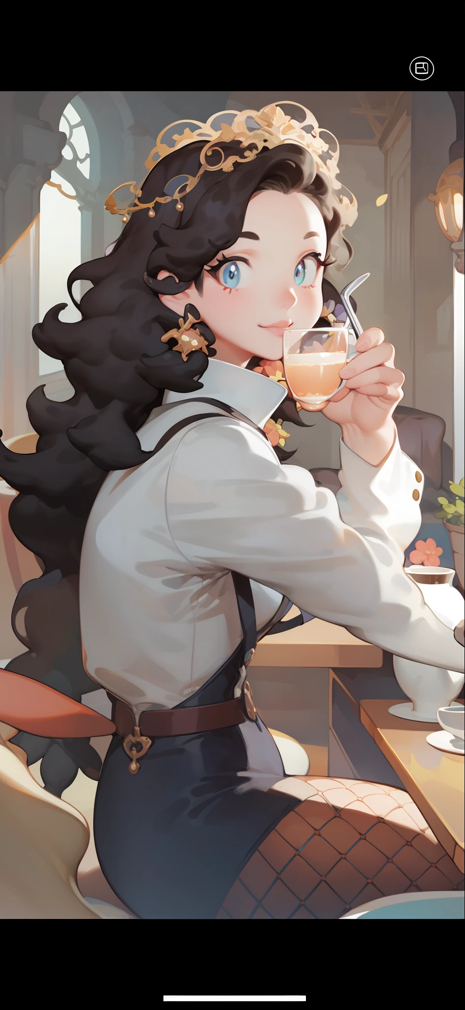 a close up of a woman holding a cup of coffee,ssmile， Artgerm and Atey Ghailan, Beautiful character painting, Ross Tran style, Beautiful digital illustration, Cute detailed digital art, Digital anime illustration, Style Artgerm, Beautiful digital artwork, digital cartoon painting art, Style anime, disney artstyle, animation illustrative style, In the style of Ross Tran，Masterpiece of best quality，no watermark