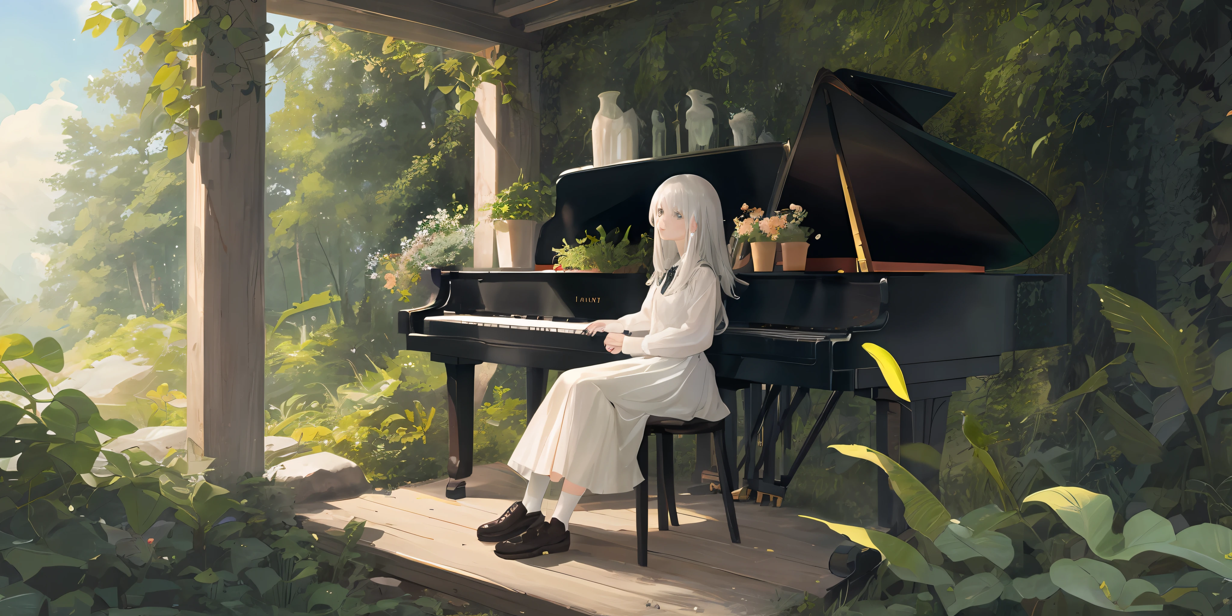 a silver white hair girl,sitting on a chair,in front of a piano,in the forest,many plants on the ground,master piece,birds in the sky