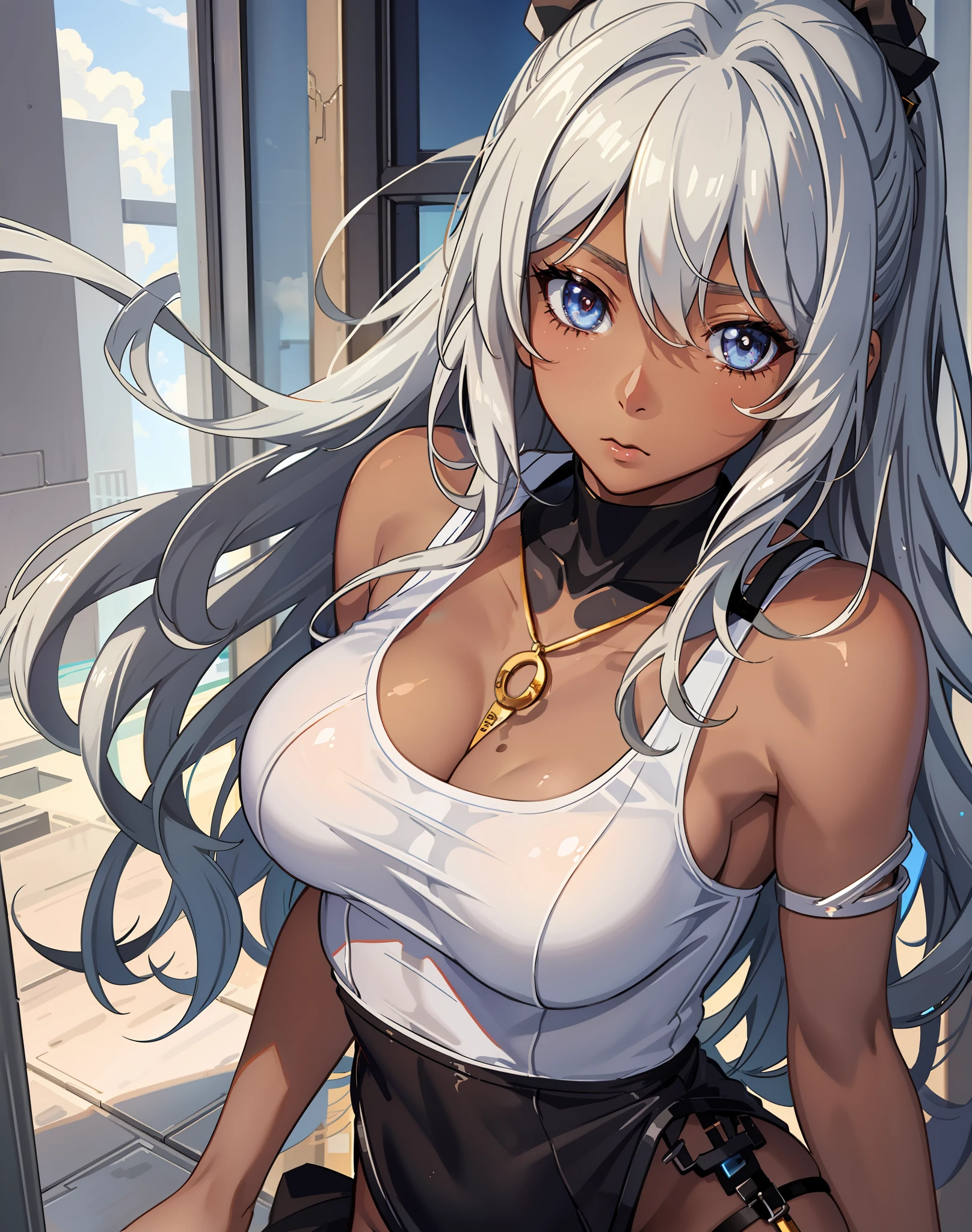 ((((masuter piece、top-quality、Healthy images、Long body、large full breasts、Brown skin color、Silvery hair、Long hair、Blue glowing eyes、Dynamic Poses、A look of shame、tshirts))))、(((Very marked camel toe)))、sea side、Happy look、(((((Black skin))))),((((darkskin)))),((sun burn))、Realistic skin type、an anime girl、Detailed Digital Anime Art、A seductive anime girl、extremely detailed art germ、a hyperrealistic schoolgirl、Ilyakukvshinov、Smooth Anime CG Art、Ultra Realistic Woman、ig model、ArtGerm、photo-realistic anime girl、digital anime art
