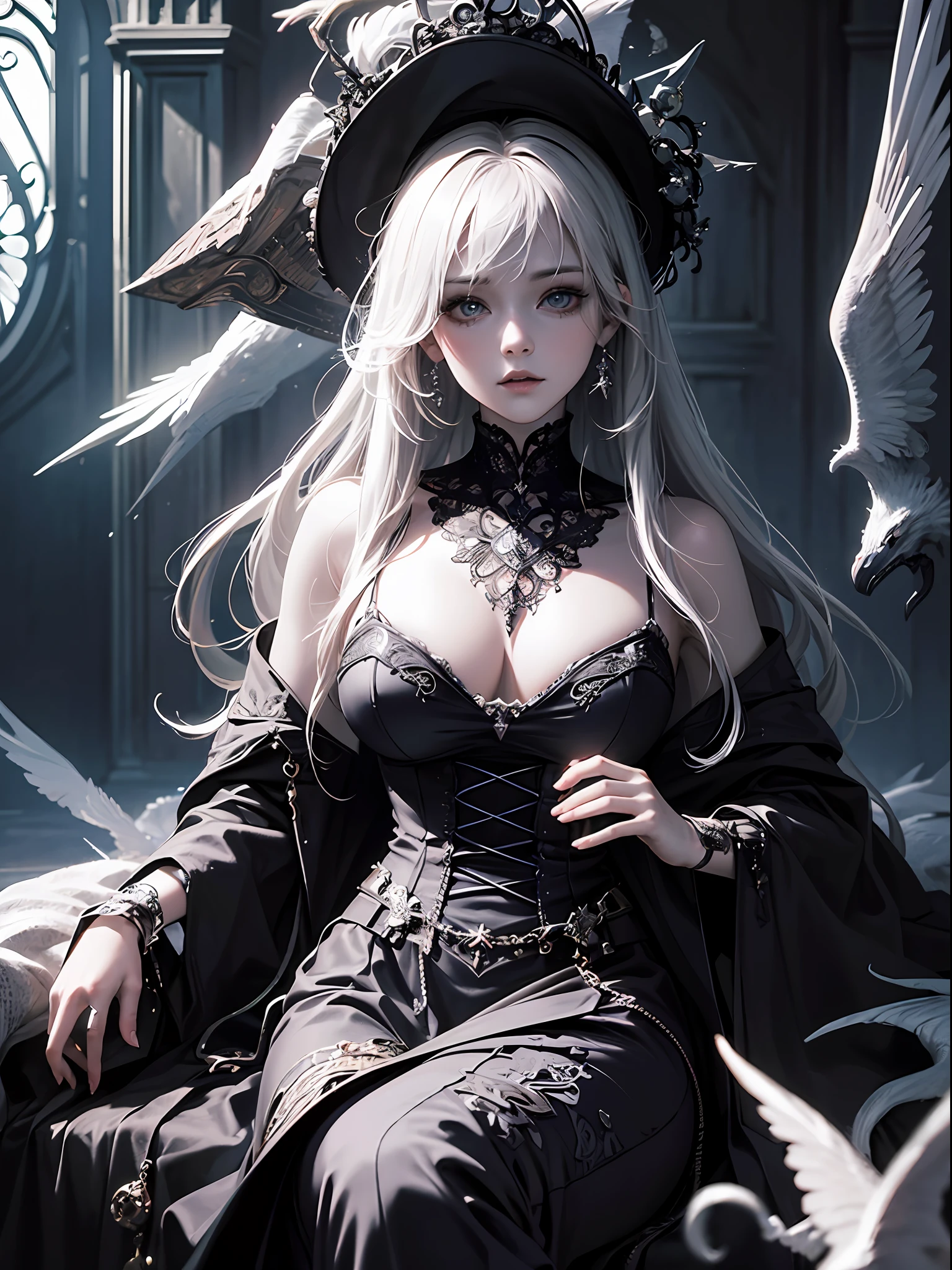 Unbeatable masterpiece, Ultra photo realsisim, Perfect artwork, Intricate details, Best quality, Strong light,High contrast, (Masterpiece:1.2, Best quality) , (Ultra-detailed) , (illustration) , (超高分辨率) .(Delicate illustrations) , (ultra - detailed) , 1girll, Dark , unholy , Evil , astral , Undead ,mistic , nice and perfect face,Soft skin ,gothic deviantart masterpiece , Dark ,unholy , Evil , astral , Creepy , chies , full bodyesbian , witch