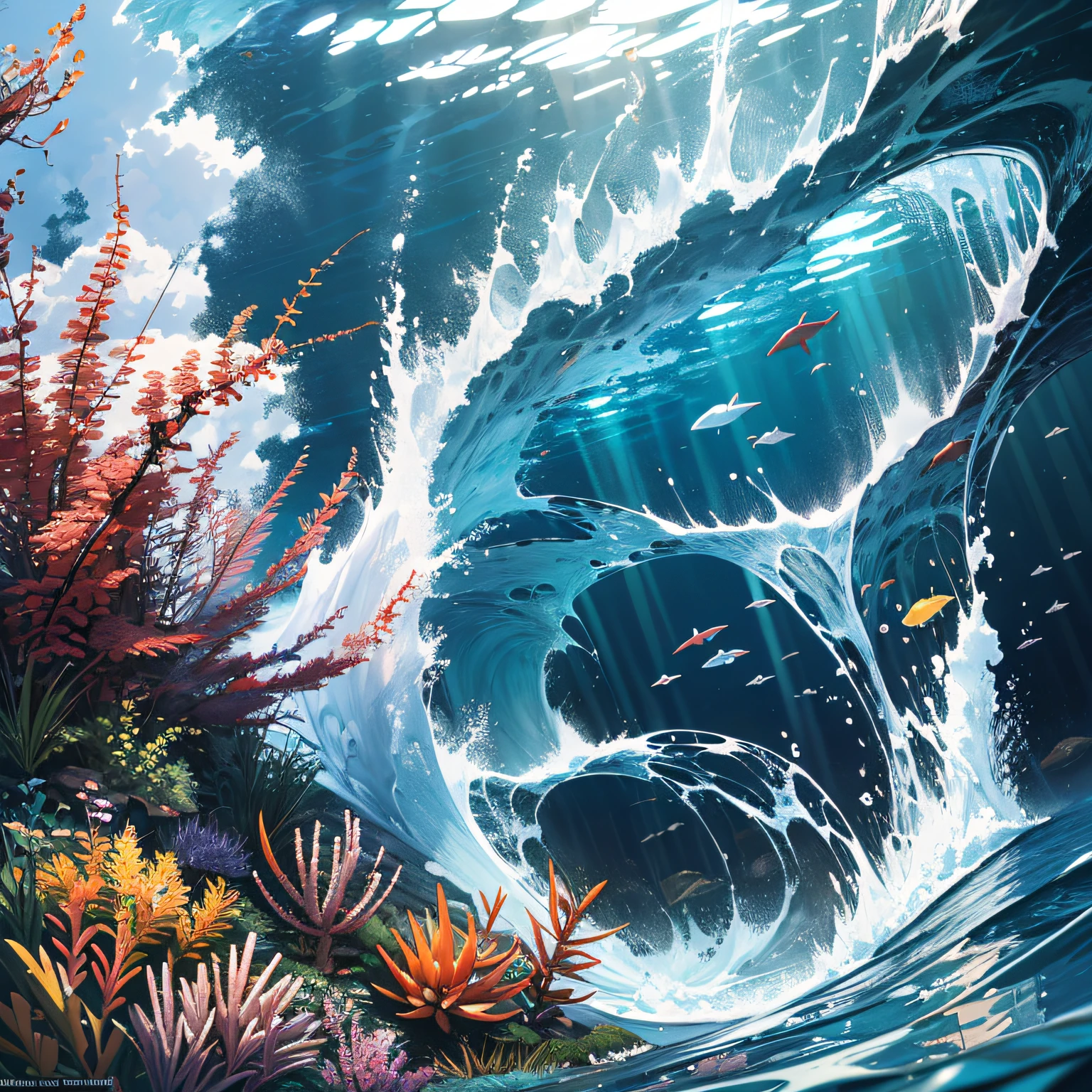 Ridiculous resolution,A high resolution,(tmasterpiece:1.4),hyper-detailing,Underwater world,Countless fish and shrimp,tidal waves,water column,shock,disarray