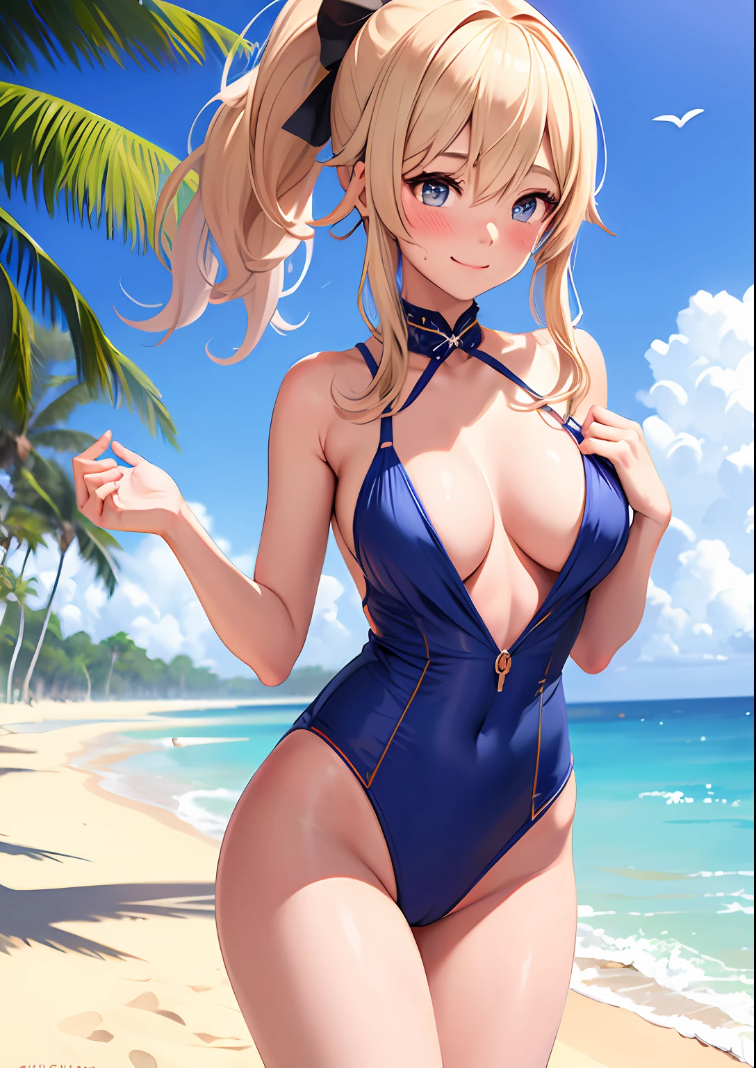 1girl, adult woman, (Blushing:1.4), (string highcut swinsuit, animal print), blushed, Smile, Cowboy Shot, Slim body, Small breast, small boobs, Full Body, Detailed background: Beach and palmtrees, summer