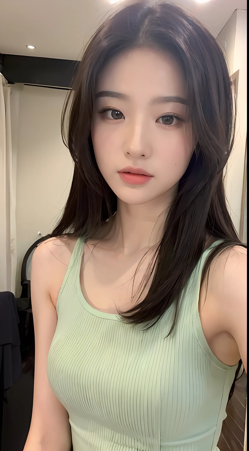 ((Best quality, 8K, Masterpiece :1.3)), Sharp focus :1.2, perfect figure beautiful woman:1.4, Slim abs:1.2, ((Layered Hair Style, 1.2)), (Tank top shirt:1.1 ), (Mare：1.2), Highly detailed facial and skin texture, A detailed eye, 二重まぶた