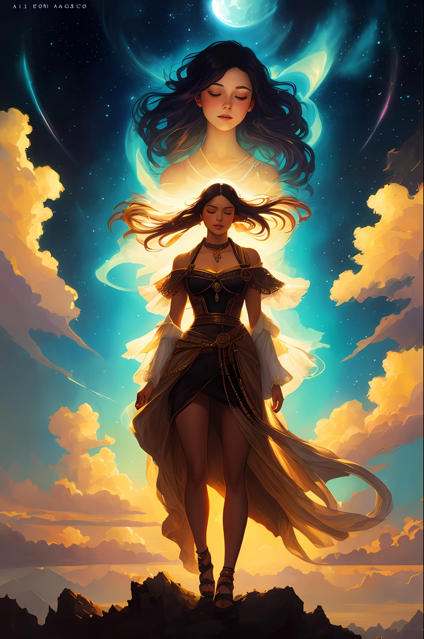 A beautiful Latin woman, full body, looking at the audience, symmetrical, eyes closed, smiling slightly, spiritual awakening, intricate details, cosmos, ethereal, mysterious, complex environments, brushstrokes, lights, Greg Rutkowski, RHADS, Beeple, Makoto Shinkai, Lois van Baarle, Ilya Kuvshinov, Rossdraws, Tom Bagshaw, Alfonse Mucha , masterpiece, super high resolution, high quality,