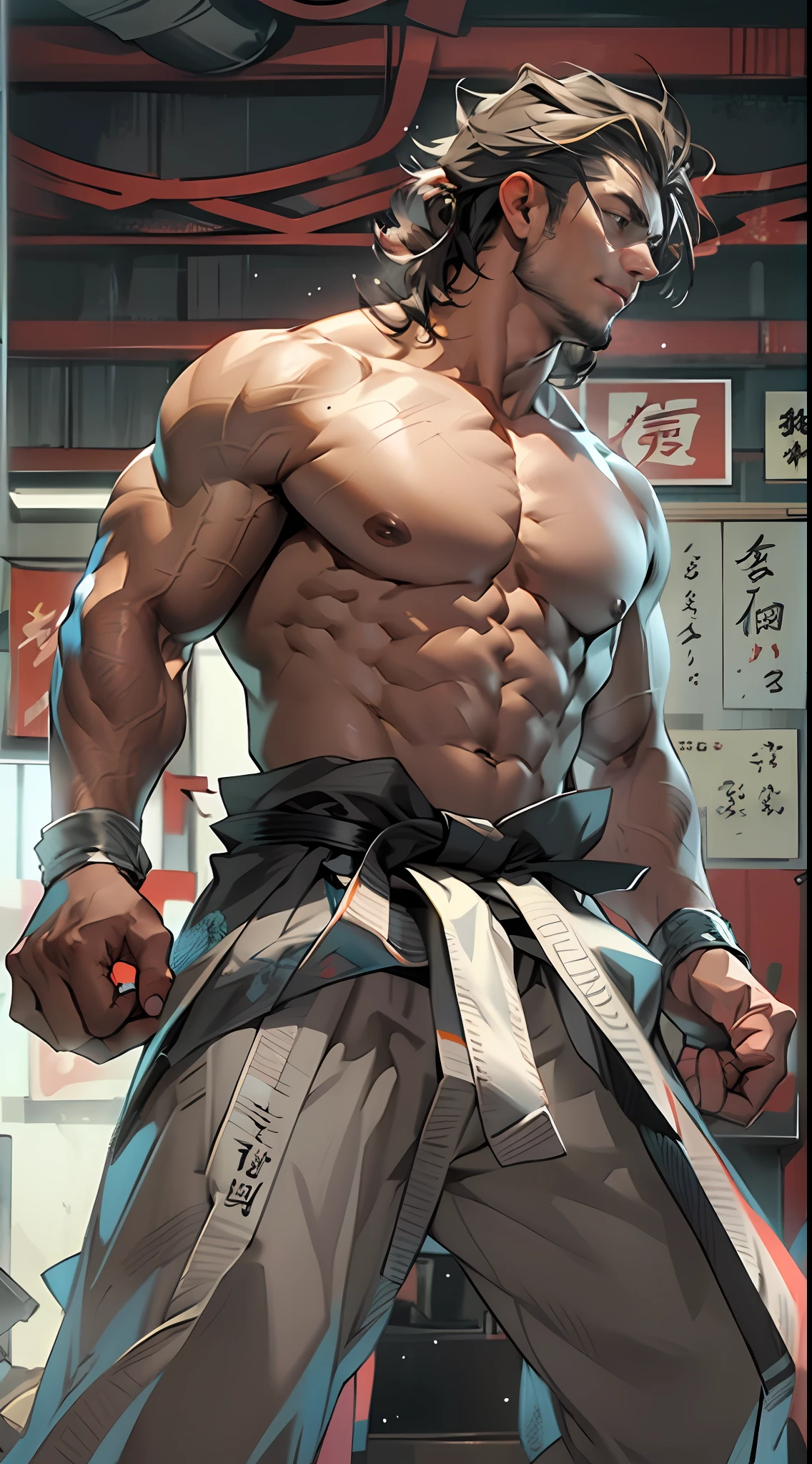 Mighty fighter, chest exposed, lower body unclothed from thighs to feet, flowing long curls, detailed muscular physique, photorealistic depiction, 4K resolution. Background: Martial arts dojo,32k uhd, best quality, masterpiece, super detail, high details