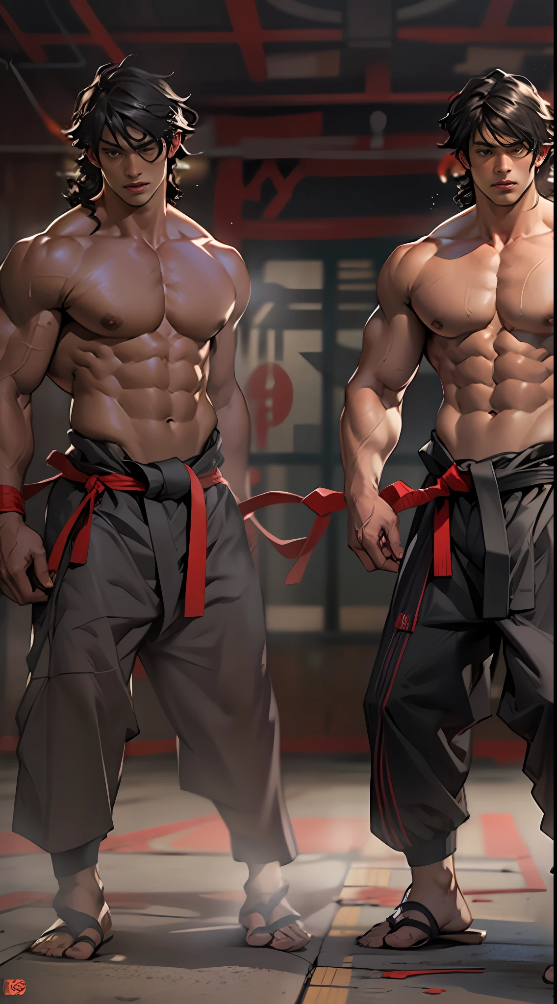Mighty fighter, chest exposed, lower body unclothed from thighs to feet, flowing long curls, detailed muscular physique, photorealistic depiction, 4K resolution. Background: Martial arts dojo,32k uhd, best quality, masterpiece, super detail, high details