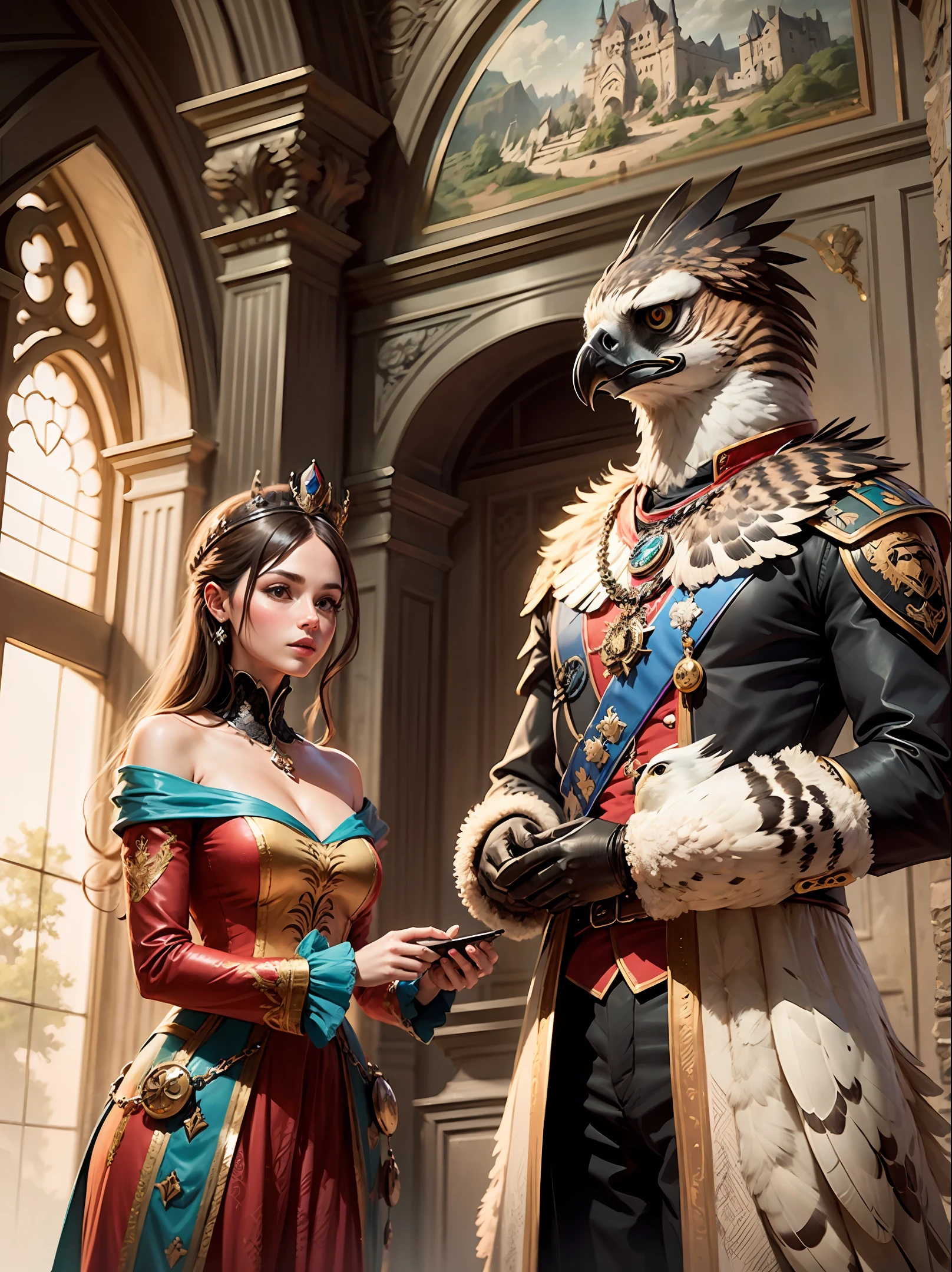 candid photo of a hawk and its human master, royalty:1.3 domesticated wild animal:1.2 royalty fashion, castle interior imagery  -imagine --auto --s2