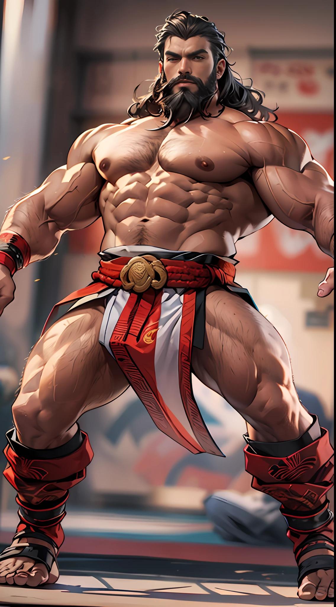 Mighty fighter, chest exposed, lower body unclothed from thighs to feet, adorned with a beaded beard, flowing long curls, detailed muscular physique, photorealistic depiction, 4K resolution. Background: Martial arts dojo,32k uhd, best quality, masterpiece, super detail, high details