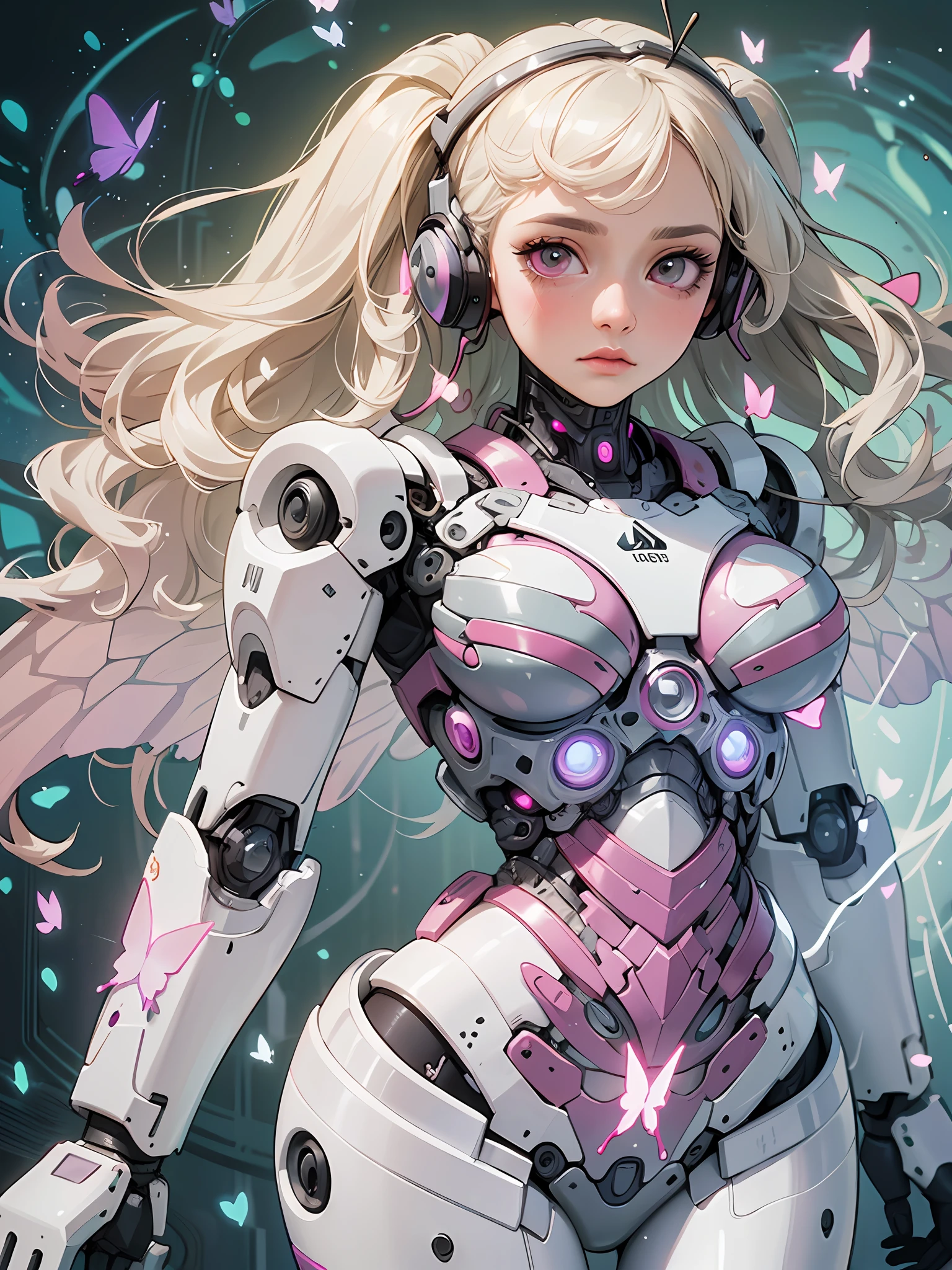 (Artwork of exceptional craftsmanship),(Detailed illustrations,(Very ideal anatomy),Very detailed and detailed drawing,Delicate lines with slow and rapid,(Realistic texture expression)),[Color tressed main line],[Background of the Institute],HENTAI ANIME (CYBERGirl (Beautiful fece) Skinny ) (Voluminous wavy platinum blonde) cyborgs,(((Butterfly wings) Magenta-pink Papillon cybernean armor) Cyber Headset) [Aurora Armor [Through the material]],(Science Fiction Mechanical [Bioengineering]),(Perfectly proportioned),(Fine and beautiful skin expression [realistic skin detail]),[Design built to the highest level,[Advanced structural understanding of materials],Ideal color coordination],(Intricate and beautiful decoration [Dense detail]),(More on shiny hair),[Perfect hand details [Beautiful Finger]],(Beautiful perfect face [Realistic face details]),[Clear gaze],[long and beautiful eyelashes],[Perfect eye details (Eyes beautifully drawn down to the smallest detail)],(detaileds,high-detail),([Precision Detail],[multi-layer texture],HighQuality,hight resolution),[(Accurate simulation of light-material interactions),Understanding Airflow,Mechanically correct representation],[Visual art that conveys a sense of narrative] [Full body like],[[Desaturation]].