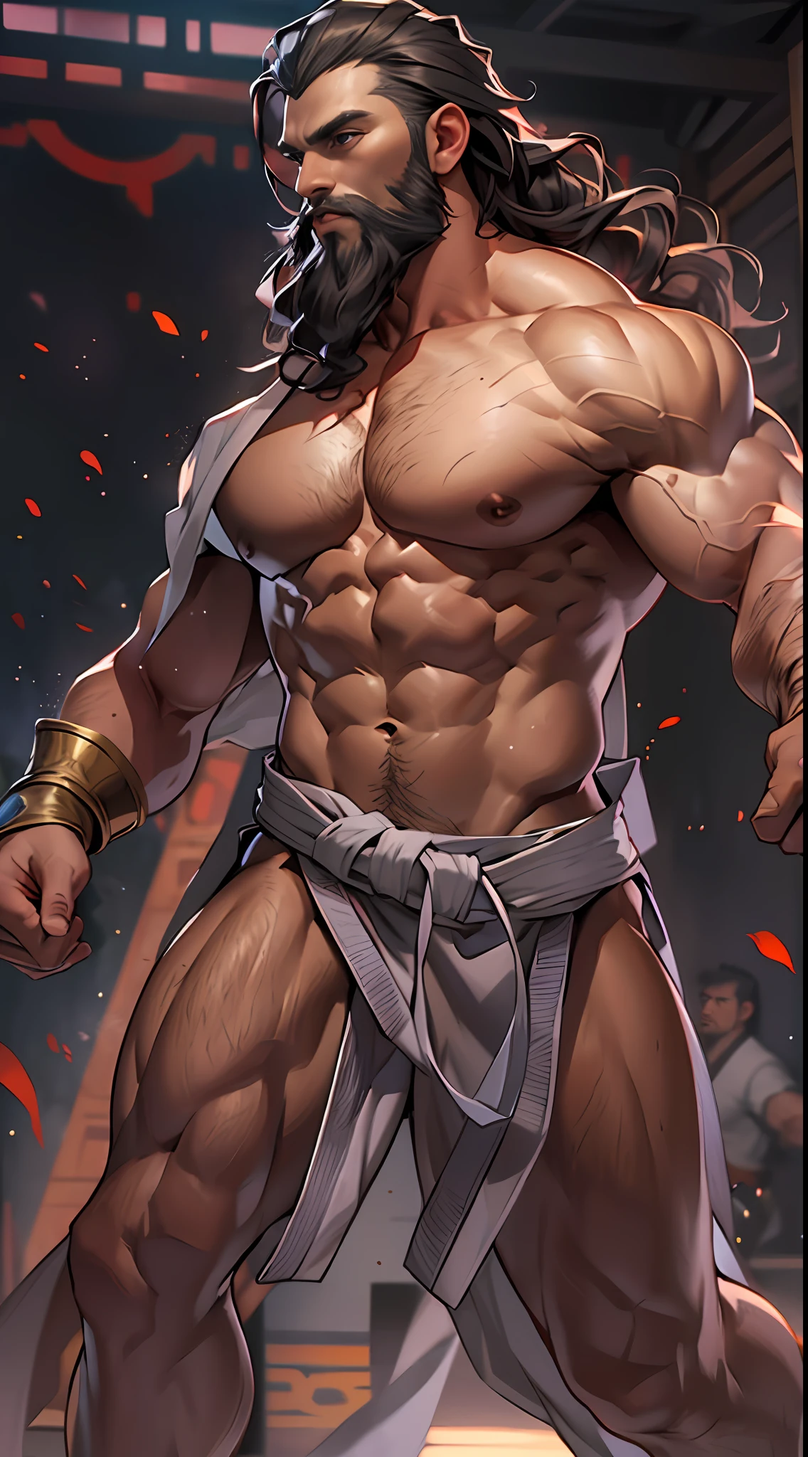 Mighty fighter, chest exposed, lower body unclothed from thighs to feet, adorned with a beaded beard, flowing long curls, detailed muscular physique, photorealistic depiction, 4K resolution. Background: Martial arts dojo,32k uhd, best quality, masterpiece, super detail, high details