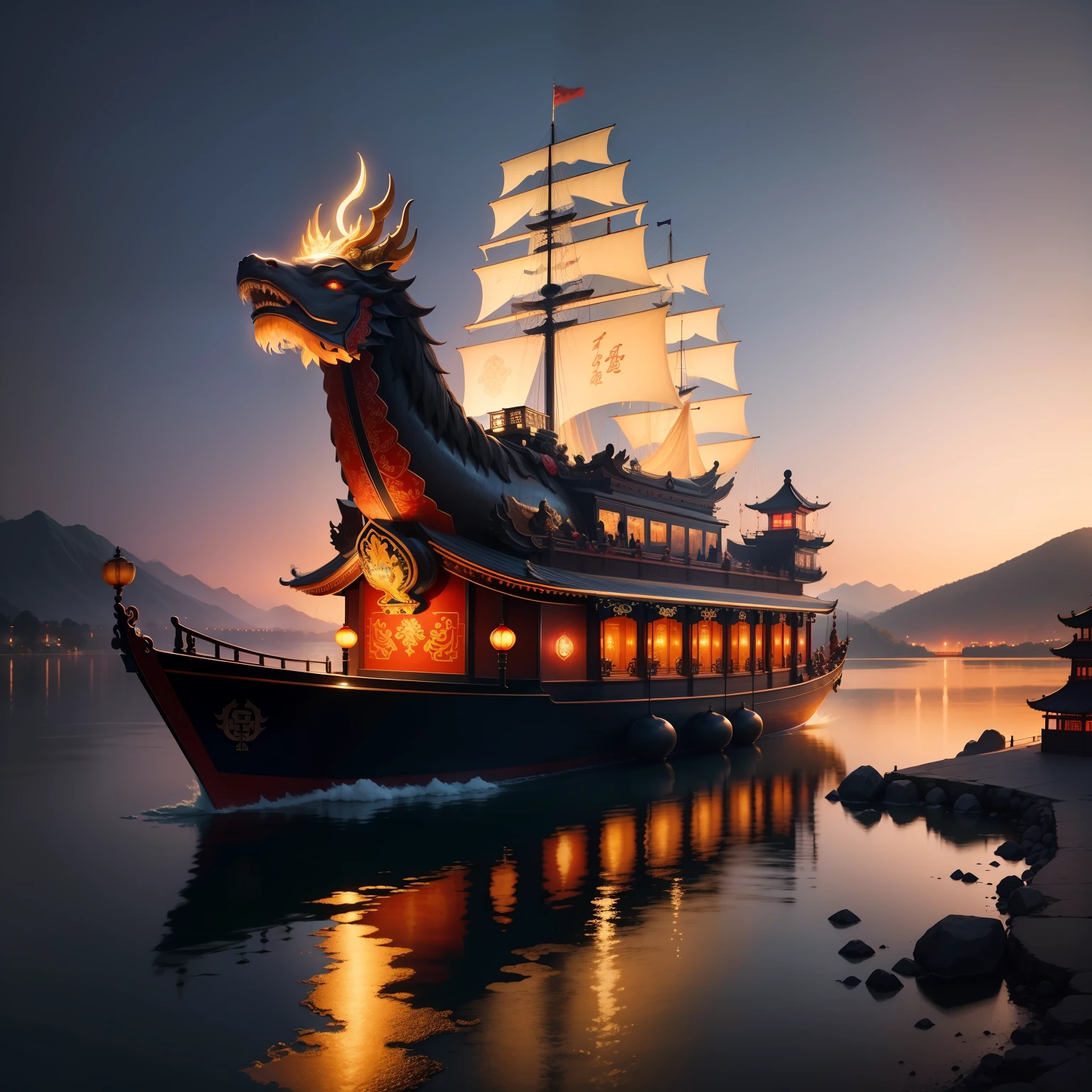 Best quality at best,tmasterpiece,超高分辨率,detailed back ground,Evening lake,The background view is a relatively high cliff,A Chinese-style sacred beast shaped ship in front,Colorful lights,There are acrobatics on board,
