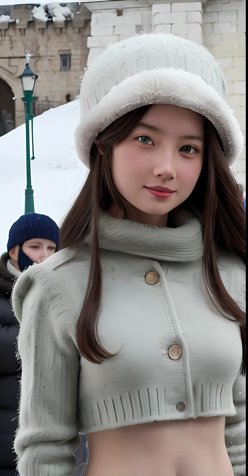 masterpiece,best quality,8k,realistic,portrait,2girls,duo,Look at the camera,on the Castel Sant'Angelo fo Roman,navel,winter,snow,crowd,