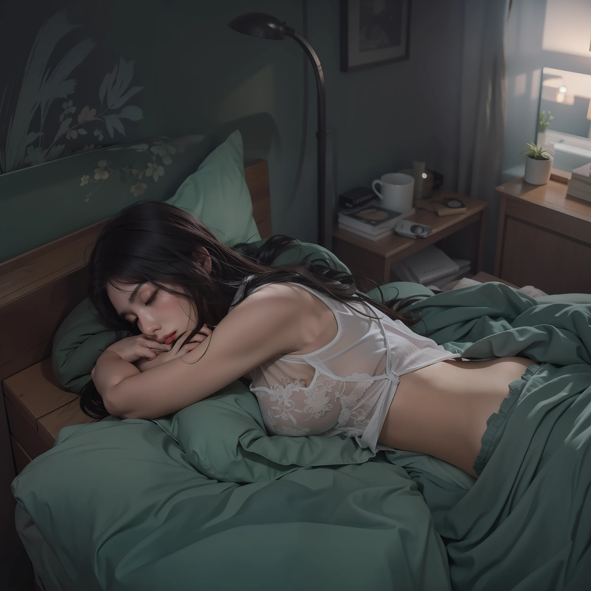 A dark-haired,Bedroom,The shirt,Colossal tits,sleep,Lie down,laying on back,