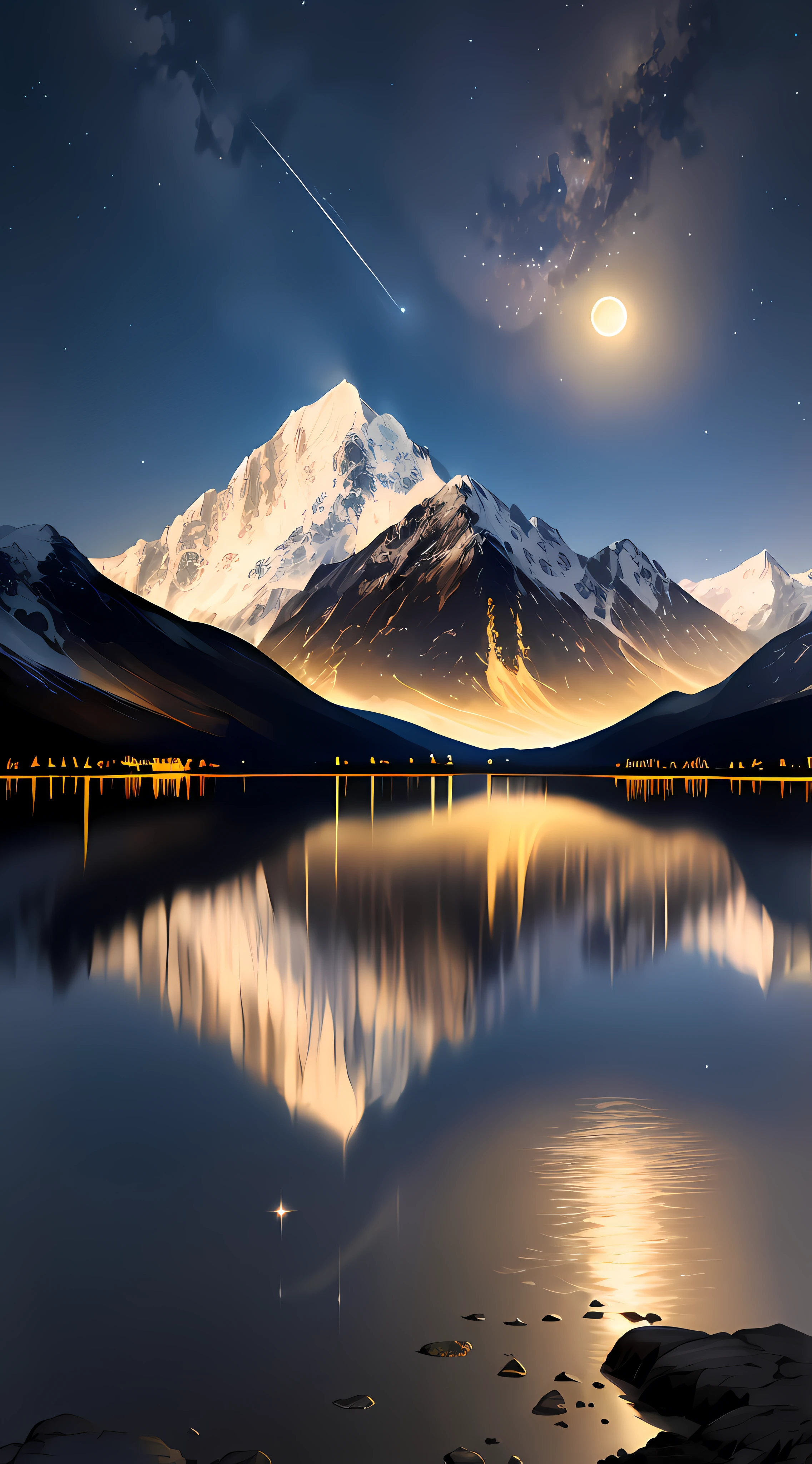 Very starry night. A giant moon behind the mountains. A tranquil lake reflecting the night. Realistic scene, detailed, photorealism, 8k
