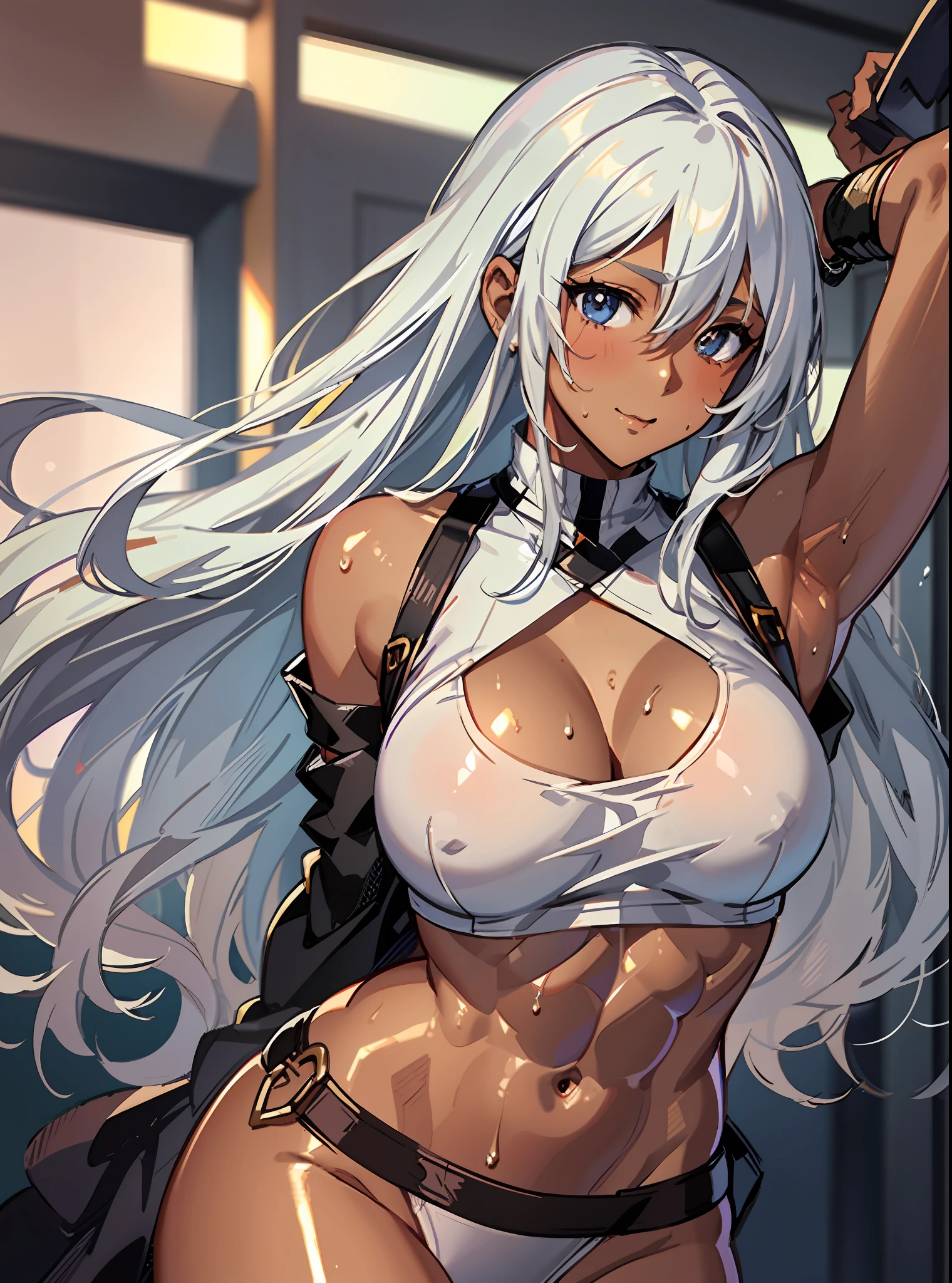 ((((masutepiece、top-quality、Brown skin、Long body、large full breasts、Brown skin color、perspiring、fullnude、ssmile、Silvery hair、Split abs、Seductive look、Wearing sweat、A look of shame))))、Silvery hair、red eyes、(((Schools)))、(((((Black skin、Beautiful abs、long legged))))),((((darkskin)))),((sun burn)),Whole human body、(((Shyness)))、Realistic skin type、an anime girl、Detailed Digital Anime Art、A seductive anime girl、extremely detailed art germ、a hyperrealistic schoolgirl、Ilyakukvshinov、Smooth Anime CG Art、Ultra Realistic Woman、ig model、ArtGerm、Photorealistic anime girl rendering、digital anime art