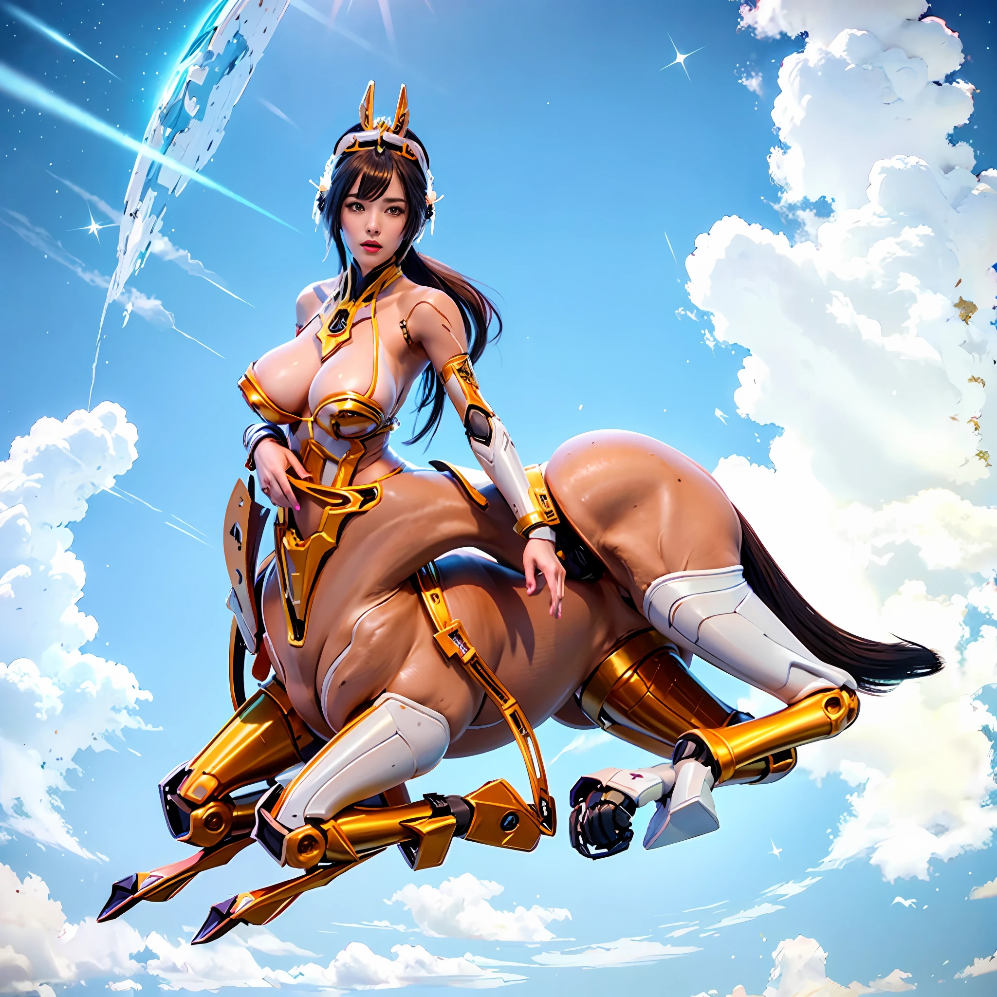 In the center of the ultra-wide-angle lens, Beautiful and ethereal mechanical centaur queen spreads her wings on the ionosphere for jumps。The upper body of the centaur queen is a sexy figure,Has distinctly feminine characteristics,The lower body is a mechanical part,Horse-shaped torso,Streamlined sexy lines。Use advanced stroke tools and color palettes halfway through, and texture packs, Model package, Texture tools,Concentration,Give the Centaur Empress a harmonious moving line,The mechanical light wings of the queen satyr are plated with a unique spatial glow,The halo crown on the head of the Mechanical Centaur Queen projects neon lights,Let her be majestic,Add complex textures and models to the Mechanical Centaur Empress, Gives the real body soft and sexy lines and an authentic texture,Let the legs in the shape of horse legs elegant and slender,Give the Mechanical Centaur Empress a sexy K-cup teardrop shape, Huge texture and true shine,Exude bondage。With Midjourney's advanced brush tools and palettes and strokes, Try different models and materials,Create gorgeous, epic look at your scene,Let the Mechanical Centaur Queen harmonize elegance and ethereal,The fallen enemy wreckage and the lunar surface are clearly shown against the background of the starry sky。Use Midjourney's powerful tools,You can bring this magnificent and futuristic scene to life with incredible detail and beauty。 hdr,(真实感,Masterpiece quality,best qualtiy),,PureErosFace_V1,Urzang-6500-V1 Edition.1
