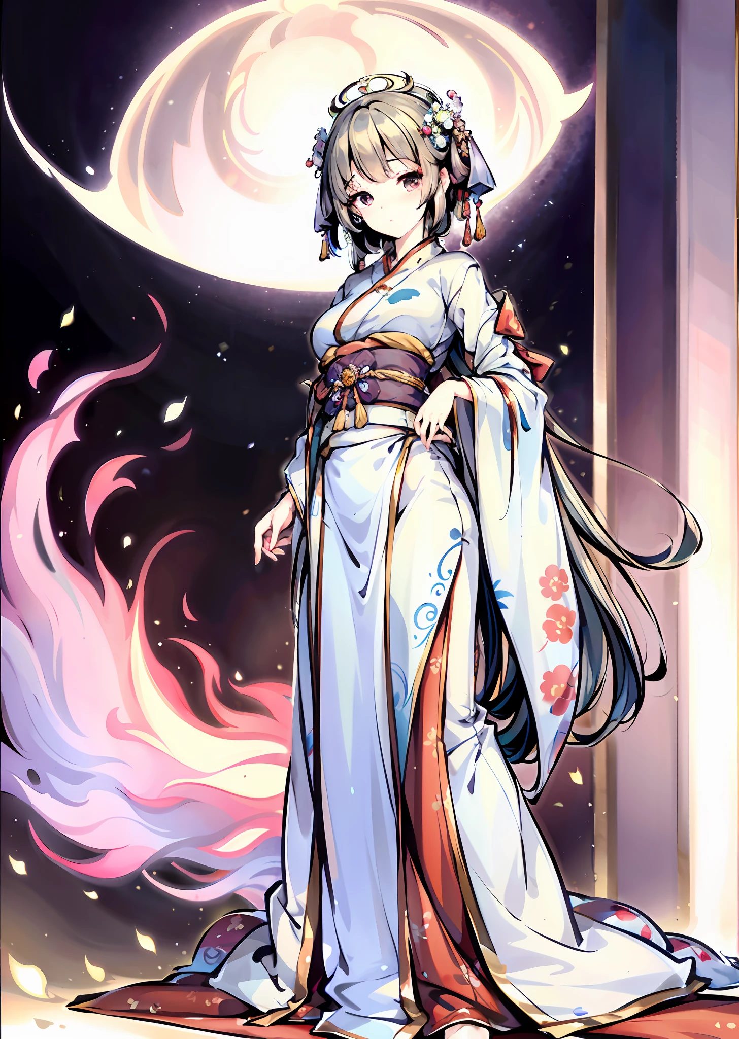 Best quality, masterpiece, illustration, very delicate and beautiful, highly detailed, CG, unity, 8k wallpaper, amazing, exquisite detail, masterpiece, best quality, official art, highly detailed CG unity 8k wallpaper, silly, incredibly silly, huge file size, super detailed, high resolution, highly detailed, beautiful detailed girl, highly detailed eyes and face, beautiful detailed eyes, light on face, (Hanfu:1.1), 1girl, full body, full body shot, ru_qun