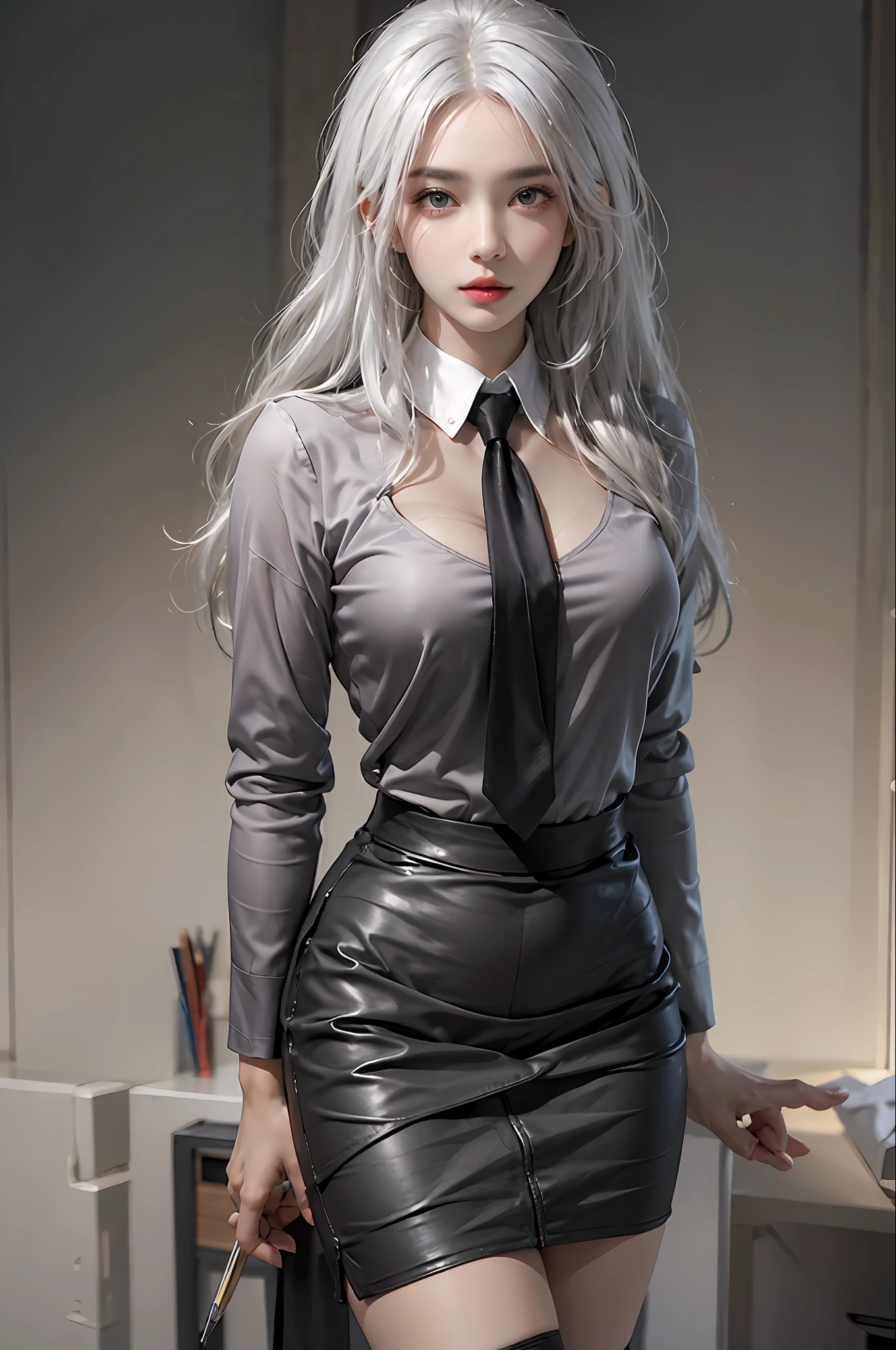 photorealistic, high resolution, 1 women, solo, hips_up, hips up, beautiful eyes, look at viewer, close lips, detailed face, white hair, long hair, collared shirt, black necktie,black skirt, pencil skirt, fur coat, stockings, office