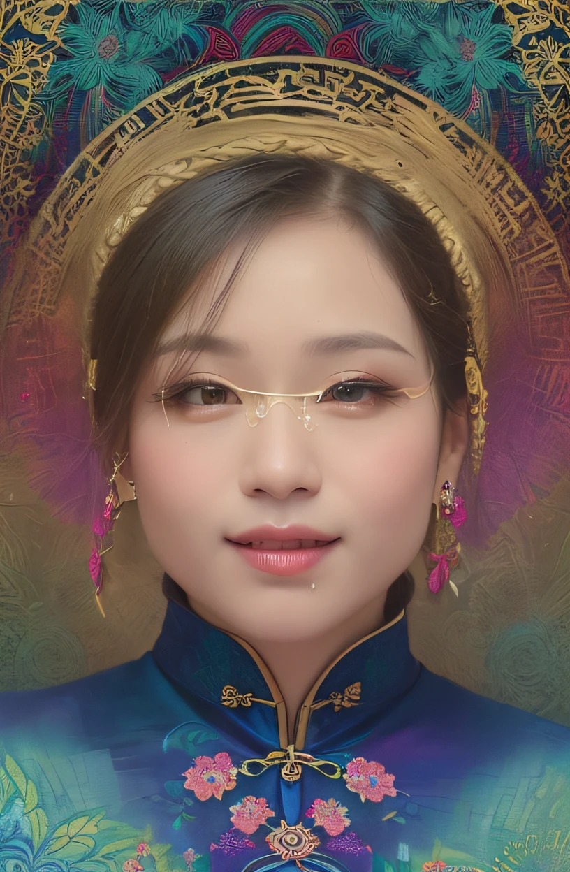 (Masterpiece, Top quality, Best quality, offcial art, Beautiful and aesthetic:1.2), (a beautiful girl in vintage aodai:1.3), Extremely detailed,(Fractal art:1.1),(Colorful:1.1)(Flowers:1.3),highest details,(zentangle:1.2), (Dynamic pose), (abstract backgrounds:1.3), (vietnam Traditional cloth:1.2), (Shiny skin), (many color:1.4), ,(Earrings:1.4),