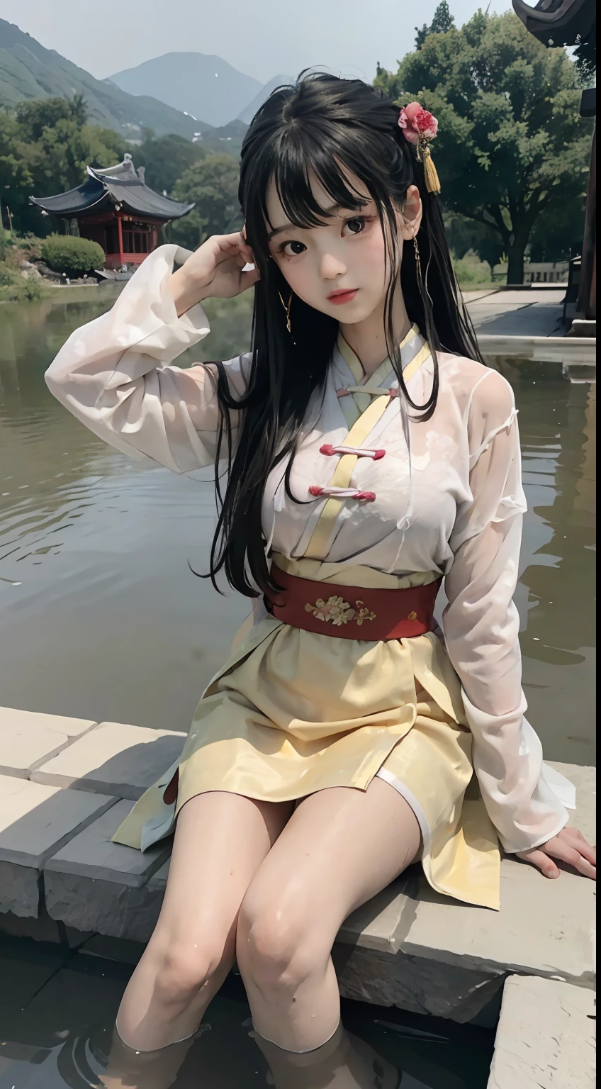 Master quality, highest quality, best picture quality, exaggerated details, a cute 8 year old asian little girl with a shy expression, slightly squinted eyes, adjusting her hair, long eyelashes (long hair / very, very exaggerated big breasts _ tits / in hanfu chinese luxury), posing in front of the camera, wet throught rain, wet breast