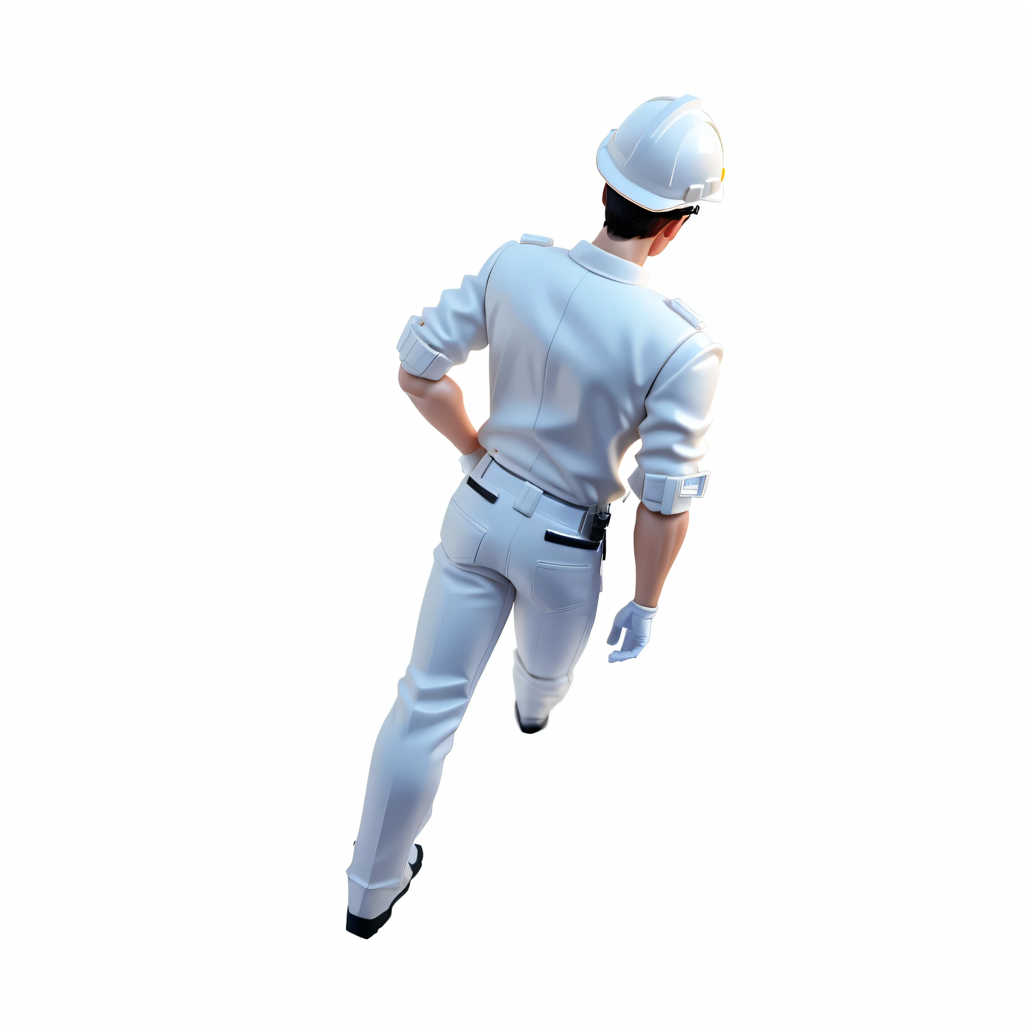 high detal，high high quality，Works of masters，The man in the hard hat wears a white jacket, white pants and white gloves，Top-down view，Walking forward，PVC material，Miniature dolls