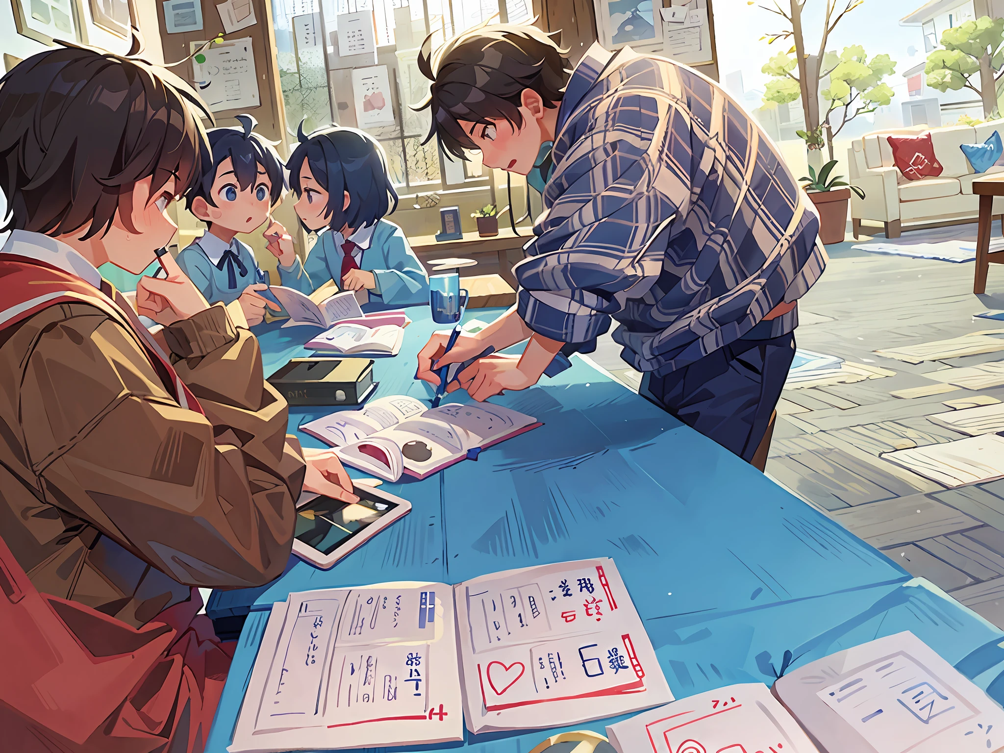 People gathered around a table,On the table was a blue tablecloth, by Ni Yuanlu, Yan, author:Liao Zhichun, signatures, cover shot, author:Yi Zaiwan, jinyiwei, qiangshu, author:David Ruby, Student, people sitting at tables, zmonzheng, author:Cheng Jiasui, Behind the scenes,1boy