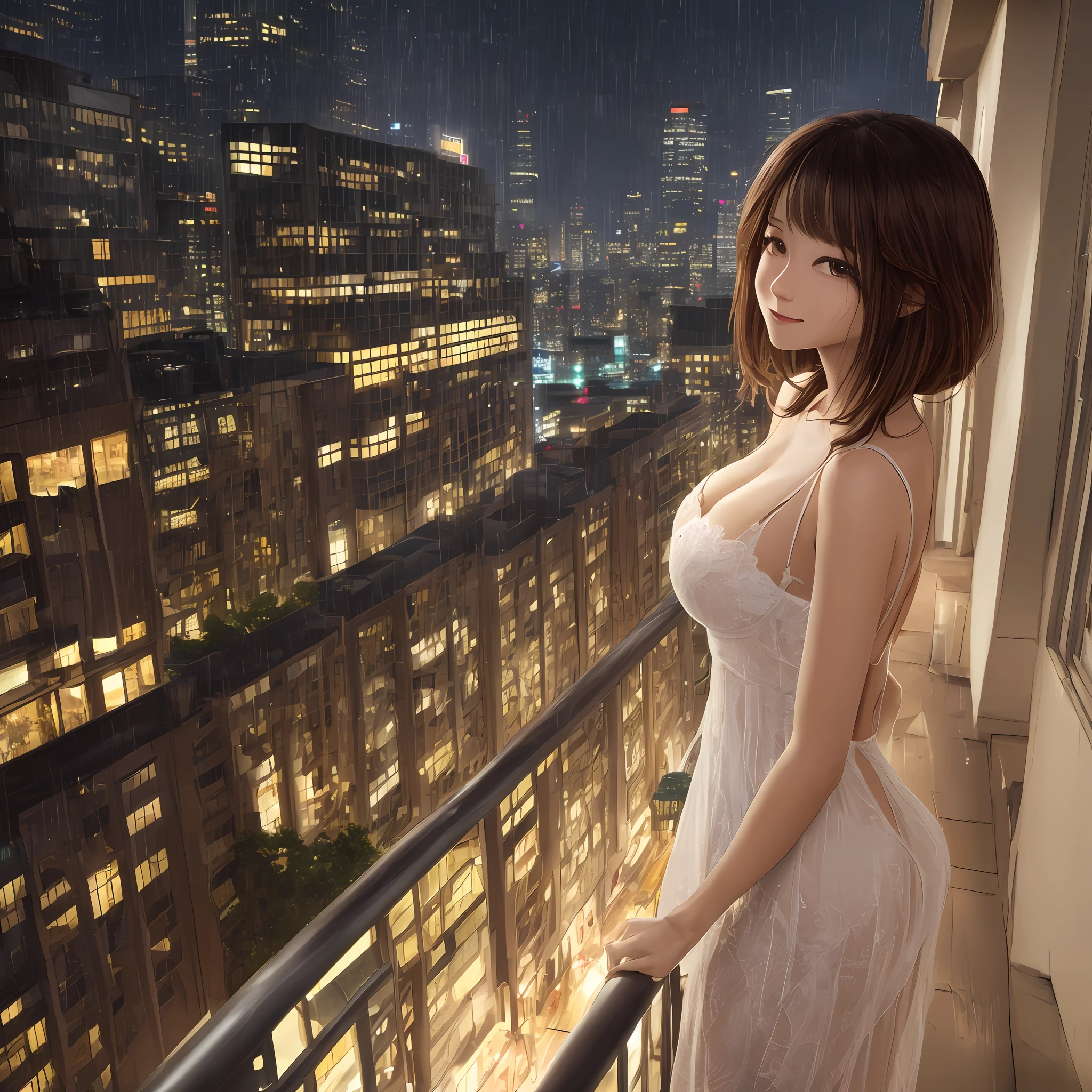 ((Best quality, 8k, Masterpiece: 1.3)), Selfie, Sharp focus: 1.2, Cute beautiful woman with perfect body: 1.4, Slim big breasts: 1.2, ((Brown hair dark, Big breasts: 1.2)) , (small transparent dress, half naked, highly detailed breasts, Happy expression, Standing: 1.2), ((Night view of the city with rain, Balcony simple: 1.3 making with the female being the main focus)), Highly detailed face and skin texture, Detailed eyes, Double eyelid --auto