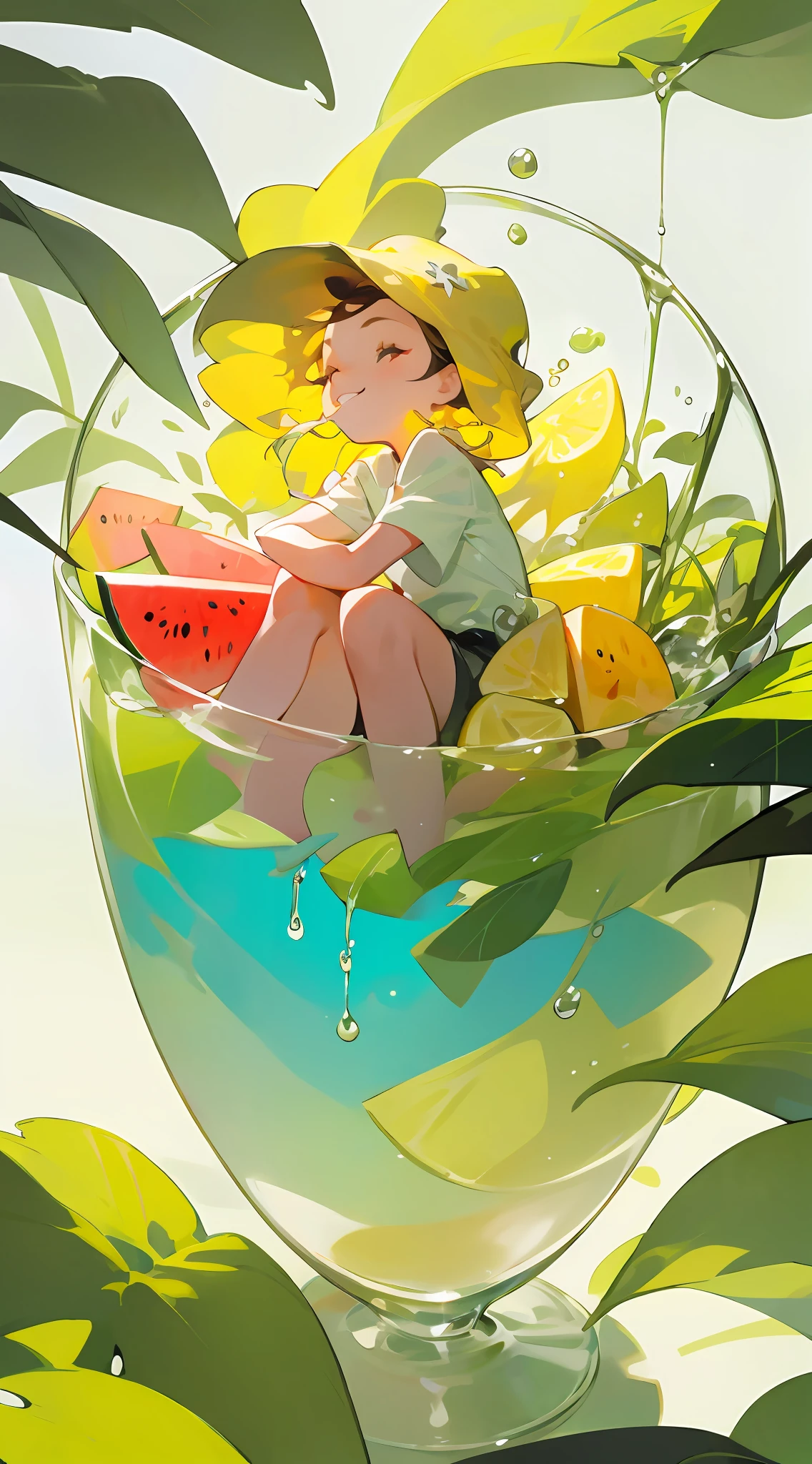 A little girl sits in a glass, happily tasting watermelon, cool liquid, sunlight, shade, colorful
