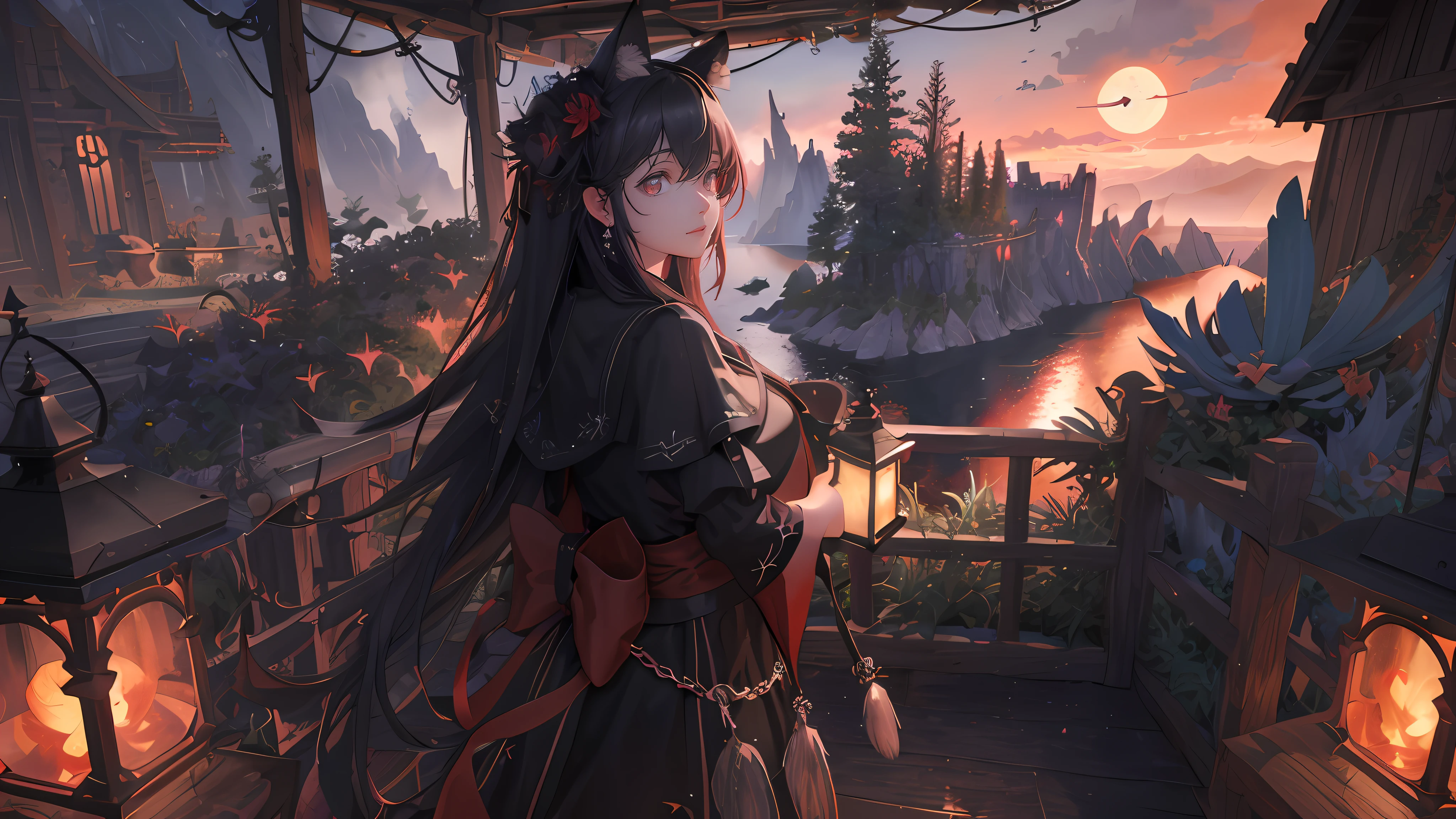 ((Masterpiece)), Best quality, High quality, ((Very detailed CG unity 8K wallpaper)), (fantasy),Dark tones, Deep black castle,Stand on the island,There is a red moon in the sky,View from a higher mountain,((giant agave titanota)), wild plants , Foxy, , Mono Lake, hackberry, 3D Digital Paintings, award winning photography, Bokeh, Depth of field, hdr, full bloom, less big breasts, color difference , Photorealistic, The is very detailed, trending on artstationh, trending on CGSociety, Intricate, high detal, dramatics, halfway art,