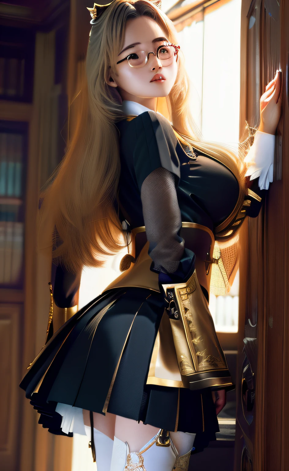 ulzzang-6500-v1.1, (raw photo:1.2), (photorealistic:1.4), beautiful detailed girl, very detailed eyes and face, beautiful detailed eyes, ridiculous, incredibly ridiculous, huge file size, super detailed, high resolution, very detailed, best quality, masterpiece, ((fashion clothing with diverse colors)), illustration, very detailed, CG, unified, 8k wallpaper, amazing, fine detail, masterpiece ,best quality, very detailed CG uniform 8k wallpaper, light on face, movie lighting, 1girl, 16 years old, long white hair, side splits, (big breasts), (no panties)), (glasses), ((dynamic pose))), ((sexy pose))), (camel toe), (half), (pantyhose)), ((black hip skirt))