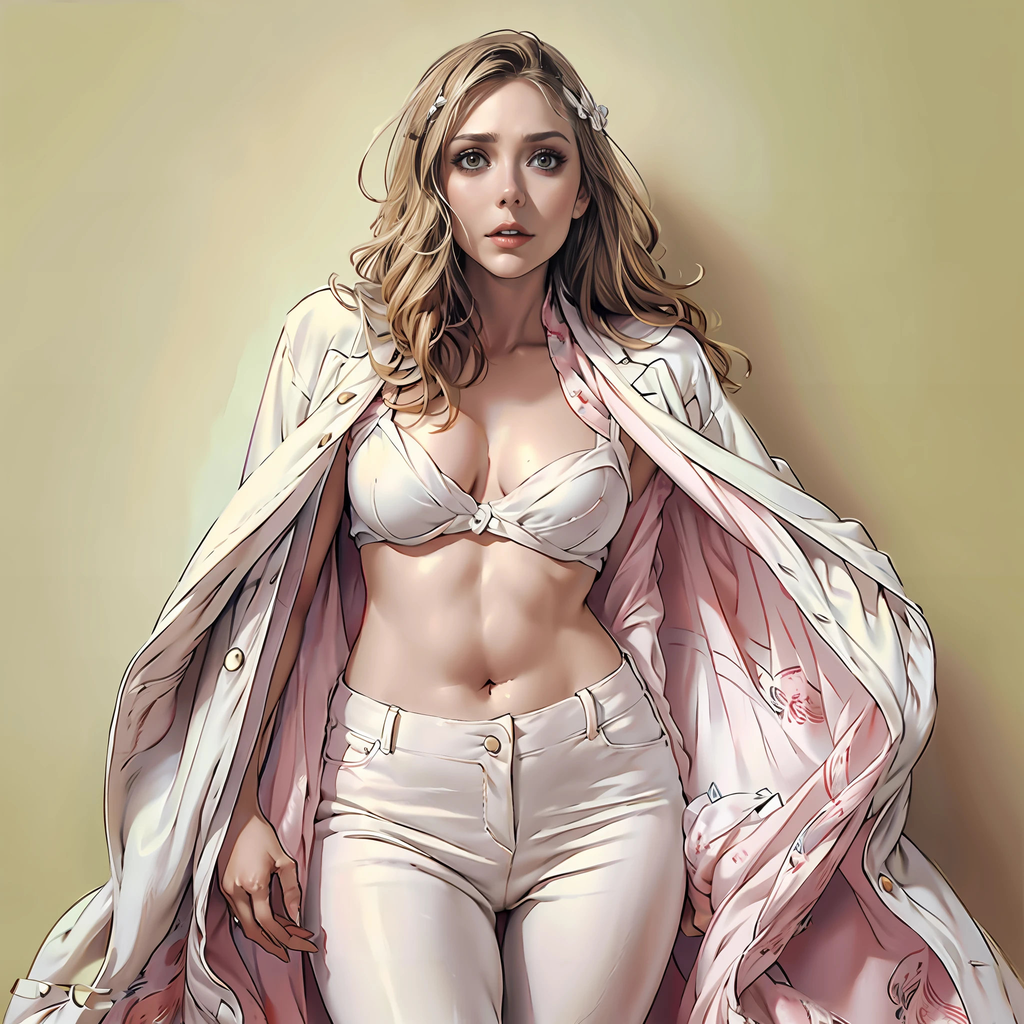 elizabeth Olsen sujetador blanco y bragas, Cintura diminuta, tetas grandes