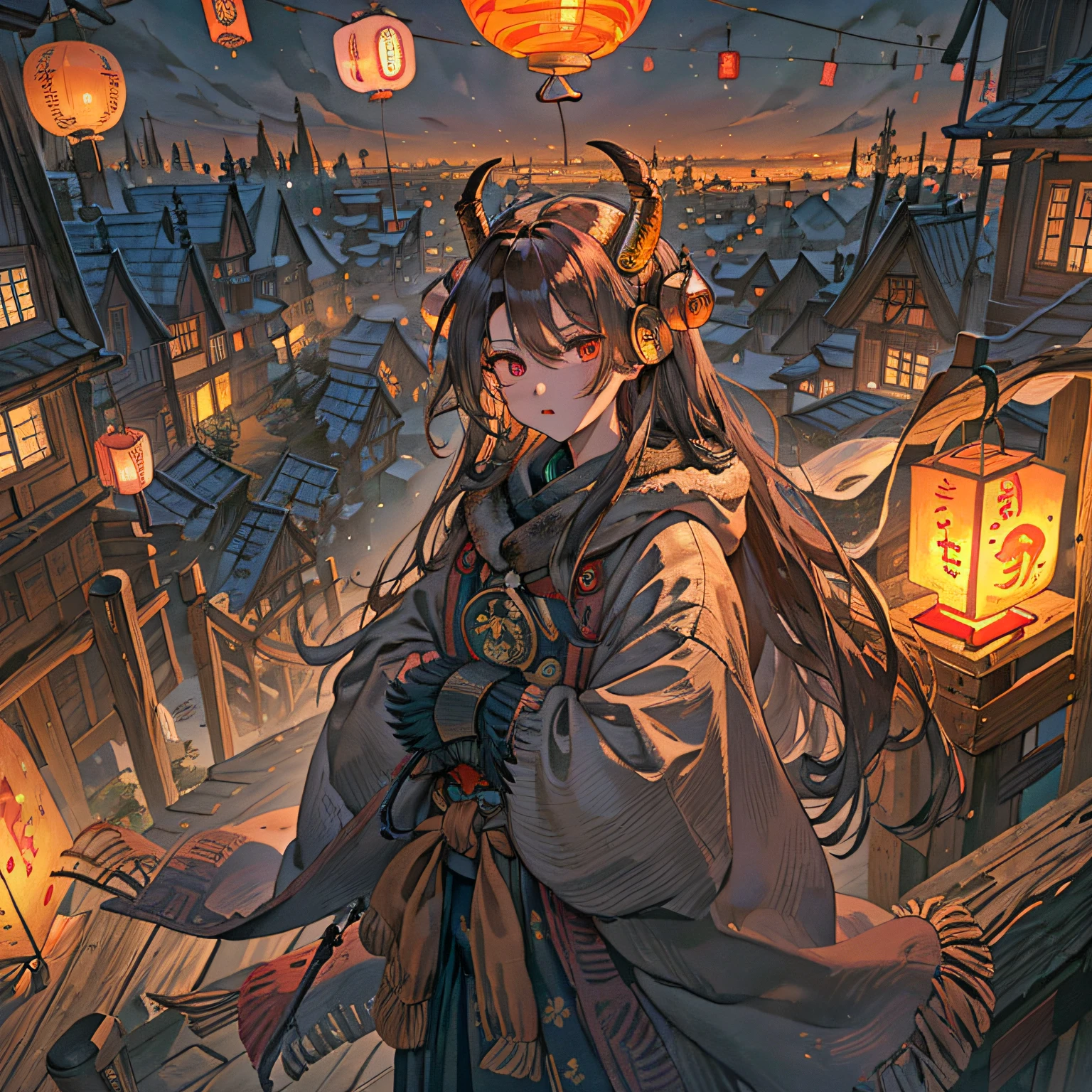 tmasterpiece，Top image quality，solo person，voluminous hair，Fair hair，Messy hair that reaches the waist，banya，Keep your eyes on the audience，with brown eye，A lock of hair on the forehead，pelt coats，Manteau，fur-trim，goat horn，Medieval cityscape，lanterns，Oil lanterns，Old house，fantasy。