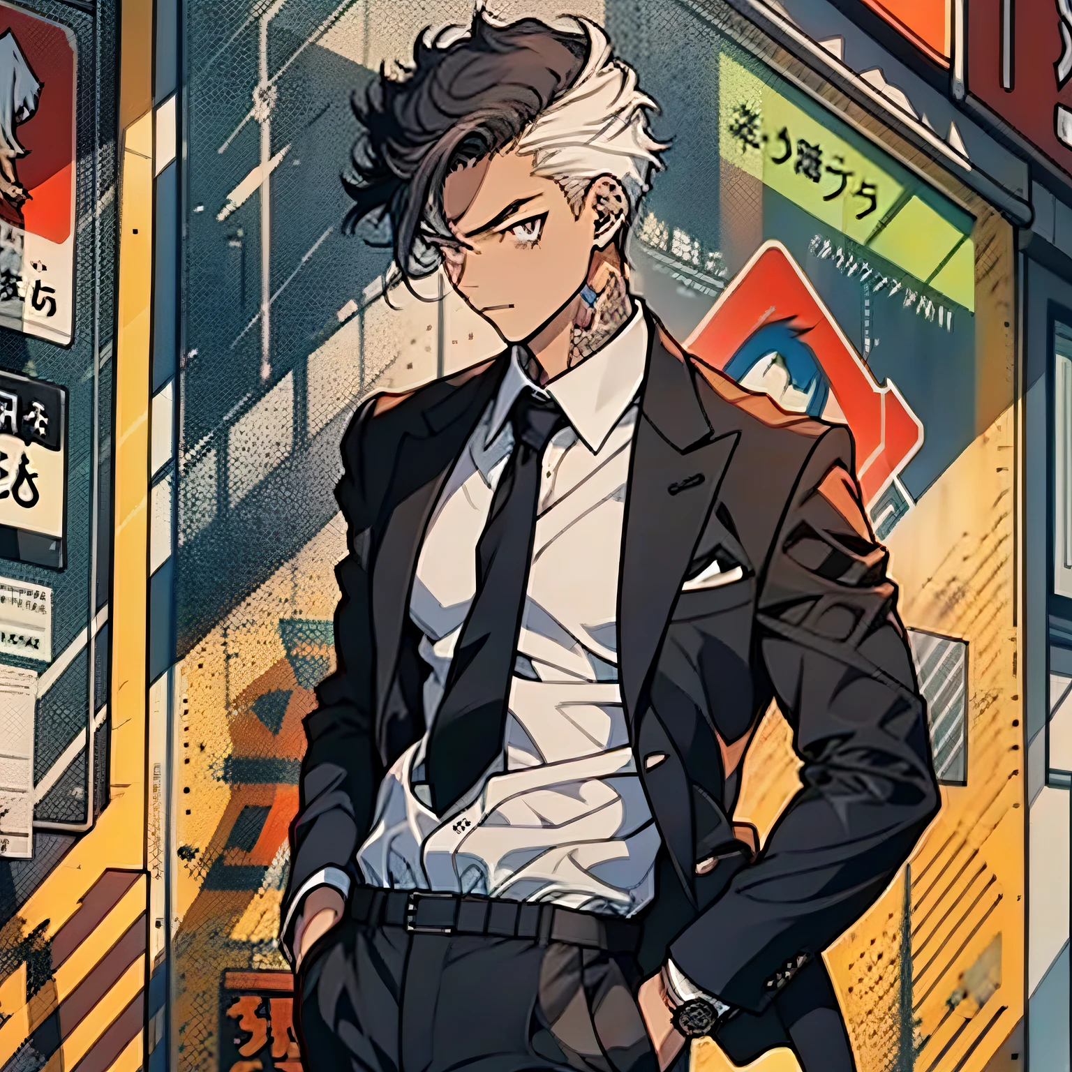 Boy, slim body, delicate eyes, white long-sleeved shirt, black suit jacket, black pants,