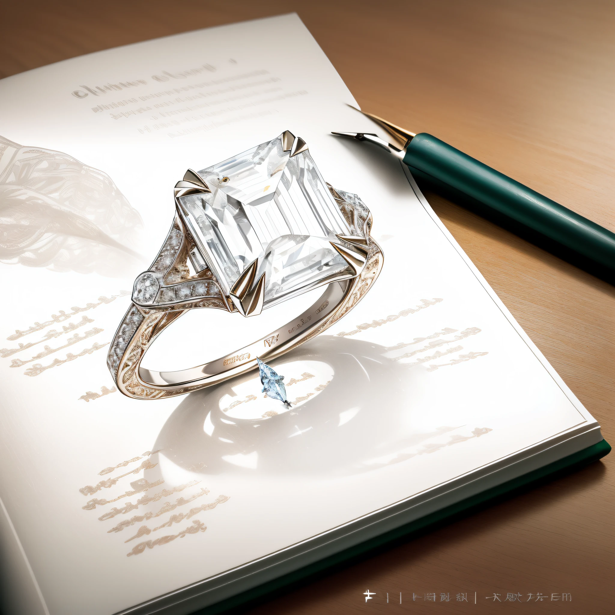 Close-up of ring with diamond, photorealistic illustration, engagement ring ads, exquisite fine details, photorealistic”, photorealistic ”, photo realistic”, delicate and precise brushwork, intricate carvings, Commercial illustration, hyper-realistic illustration, hyperrealistic”, ultra realistic”, Realistic illustration, astonishing detail, Product rendering, editorial photograph, Stunning detail pictures