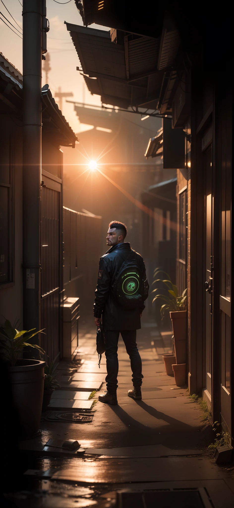 Man stand in a beautiful tree land,sun light present, cyberpunk;1.5,realistic face,8k,