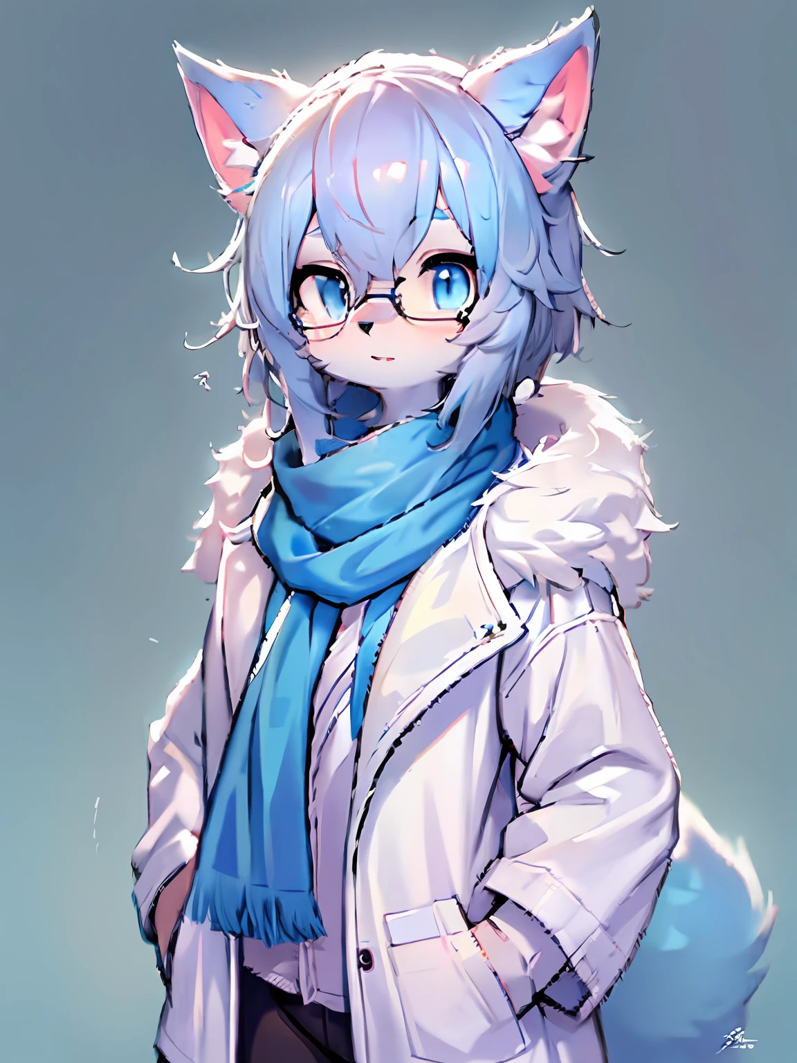 Anime character with arctic fox ears wearing lab coat and blue scarf，Fluffy blue fur,Wear half-rimmed glasses, furry artist, Anime moe art style,  8K high quality detailed art，professional furry drawing，Female