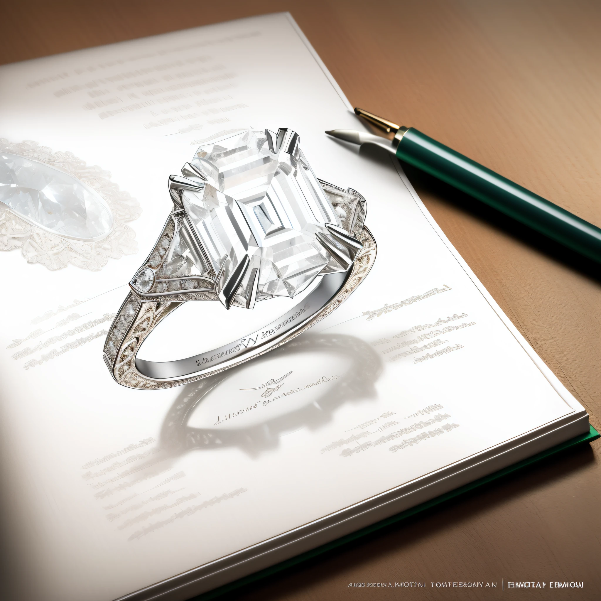 Close-up of ring with diamond, photorealistic illustration, engagement ring ads, exquisite fine details, photorealistic”, photorealistic ”, photo realistic”, delicate and precise brushwork, intricate carvings, Commercial illustration, hyper-realistic illustration, hyperrealistic”, ultra realistic”, Realistic illustration, astonishing detail, Product rendering, editorial photograph, Stunning detail pictures