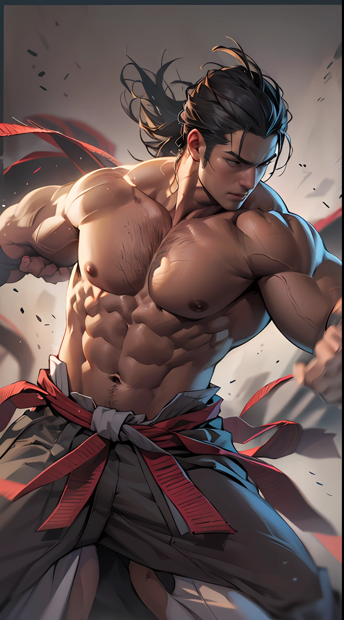 Mighty fighter, chest exposed, lower body unclothed from thighs to feet, flowing long curls, detailed muscular physique, photorealistic depiction, 4K resolution. Background: Martial arts dojo,32k uhd, best quality, masterpiece, super detail, high details