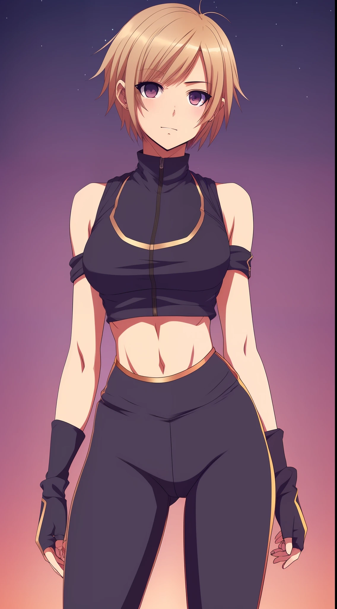 por artista "2d", 2d Clave Visual, Manga europeo, Pixiv, Zerochan, Arte 2d, Fantia, Girl with 20 years of short blonde hair, (((cuerpo completo))), musculosa, buzz cut, Leggings y top ajustado