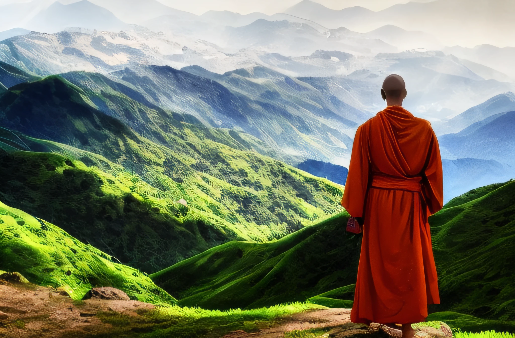 A man in a robe stands on a mountain looking at the mountains, monk meditation, buddhist monk, monk, Buddhist monk meditation, On the road to enlightenment, Buddhism, Buddhist, monk clothes, On the road to enlightenment, full body picture of a male monk, 2 1 st century monk, Monks, Ancient Indian monks, holy man looking at ground, portrait of monk