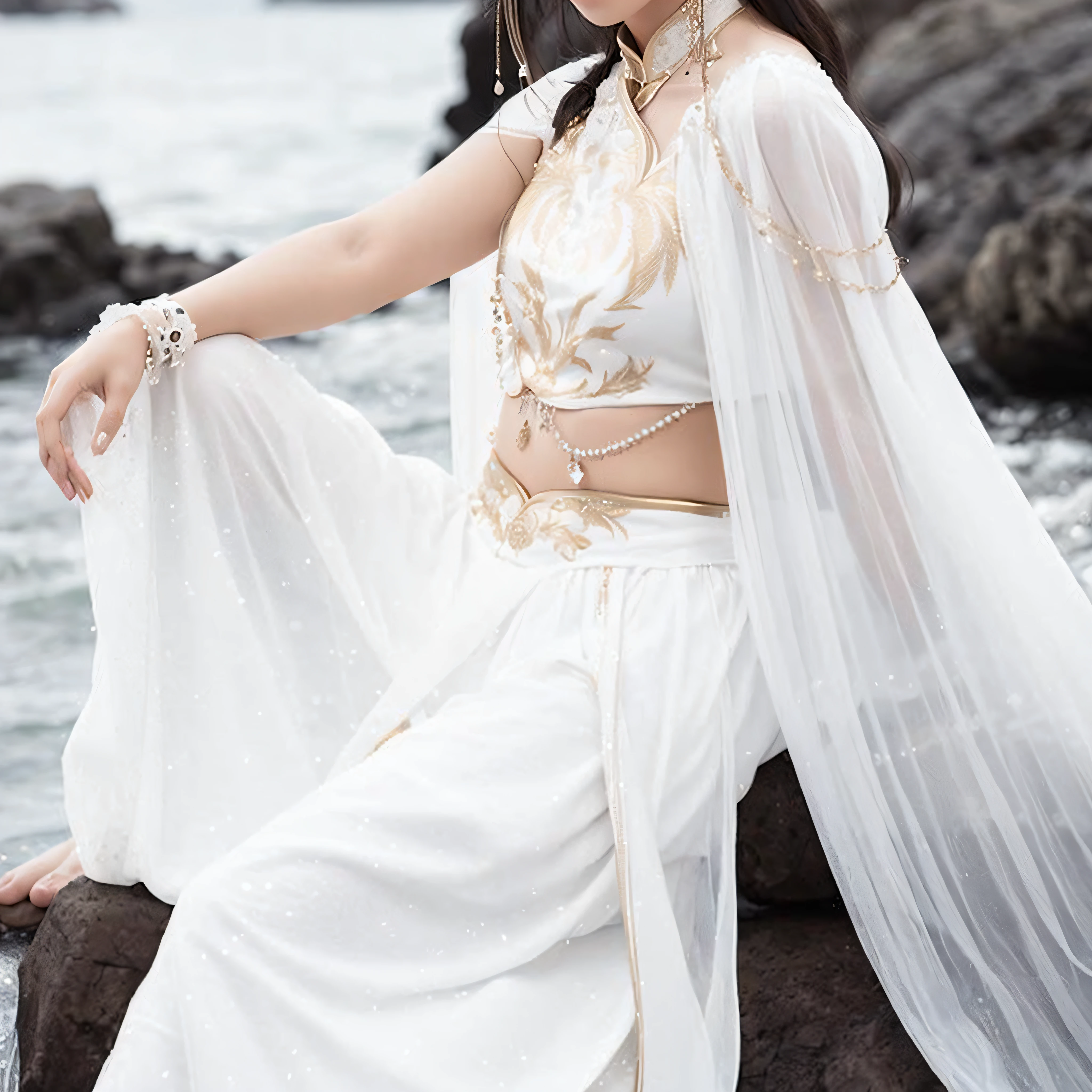 Araki woman in a white dress sits on a rock by the sea, White Hanfu, long white robe，Gold accents, mahira khan as a d&d wizard, ancient white dress, Hanfu, very beautiful elven top model, Palace ， A girl in Hanfu, beautiful costume, White cape, Mahira Khan as Mage