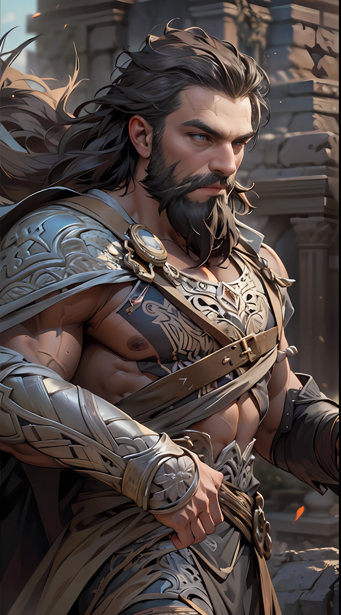 Sculpted hero, upper body uncovered, legs exposed from thighs to feet, bearded with beaded facial hair, luxuriant long curls, intricate muscularity, photorealistic portrayal, 4K resolution. Background: Epic battlefield with ancient ruins.,32k uhd, best quality, masterpiece, super detail, high details