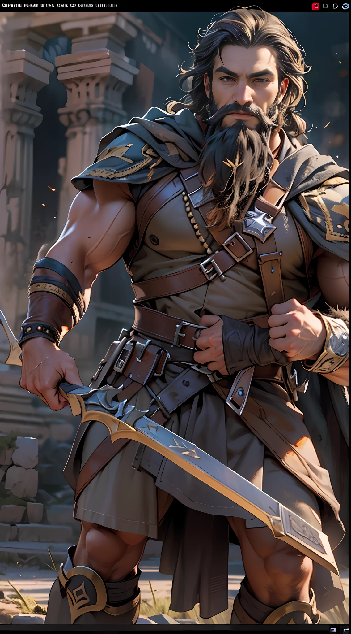 Sculpted hero, upper body uncovered, legs exposed from thighs to feet, bearded with beaded facial hair, luxuriant long curls, intricate muscularity, photorealistic portrayal, 4K resolution. Background: Epic battlefield with ancient ruins.,32k uhd, best quality, masterpiece, super detail, high details