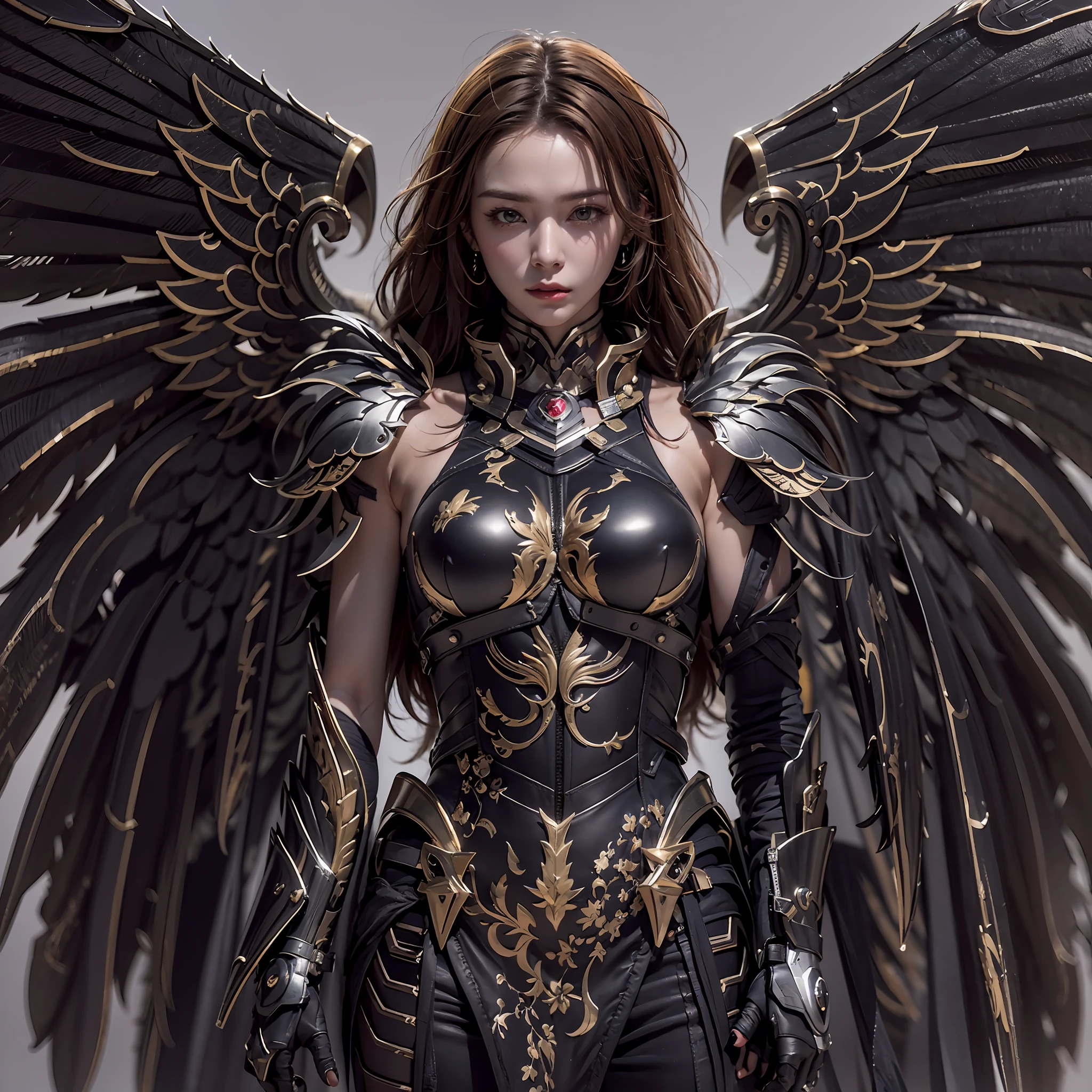 1girll，Dark Angel Warrior，(((On the back there is a pair of large black half-body wings)))，Black titanium，Metal wings，（（Metal wings）），（（Black gold metal armor）），high detal，（beautifulface），Perfect facial features，red tinted hair，Black and gold greatsword，Futuristic technical background，apathy、Aloof、On the high horse，atmospurate、macro，Realistis，hdr（HighDynamicRange）、Ray traching、NVIDIA RTX、Hyper-Resolution、illusory 5、sub surface scattering、post-proces、Anisotropy Filtering、depth of fields、maximum definition and sharpness，Surface coloring、Accurately simulate light-material interactions、perfectly proportions、rendering by octane、largeaperture、Low ISO、White balance、the rule of thirds、8K raw data、lightand shade contrast