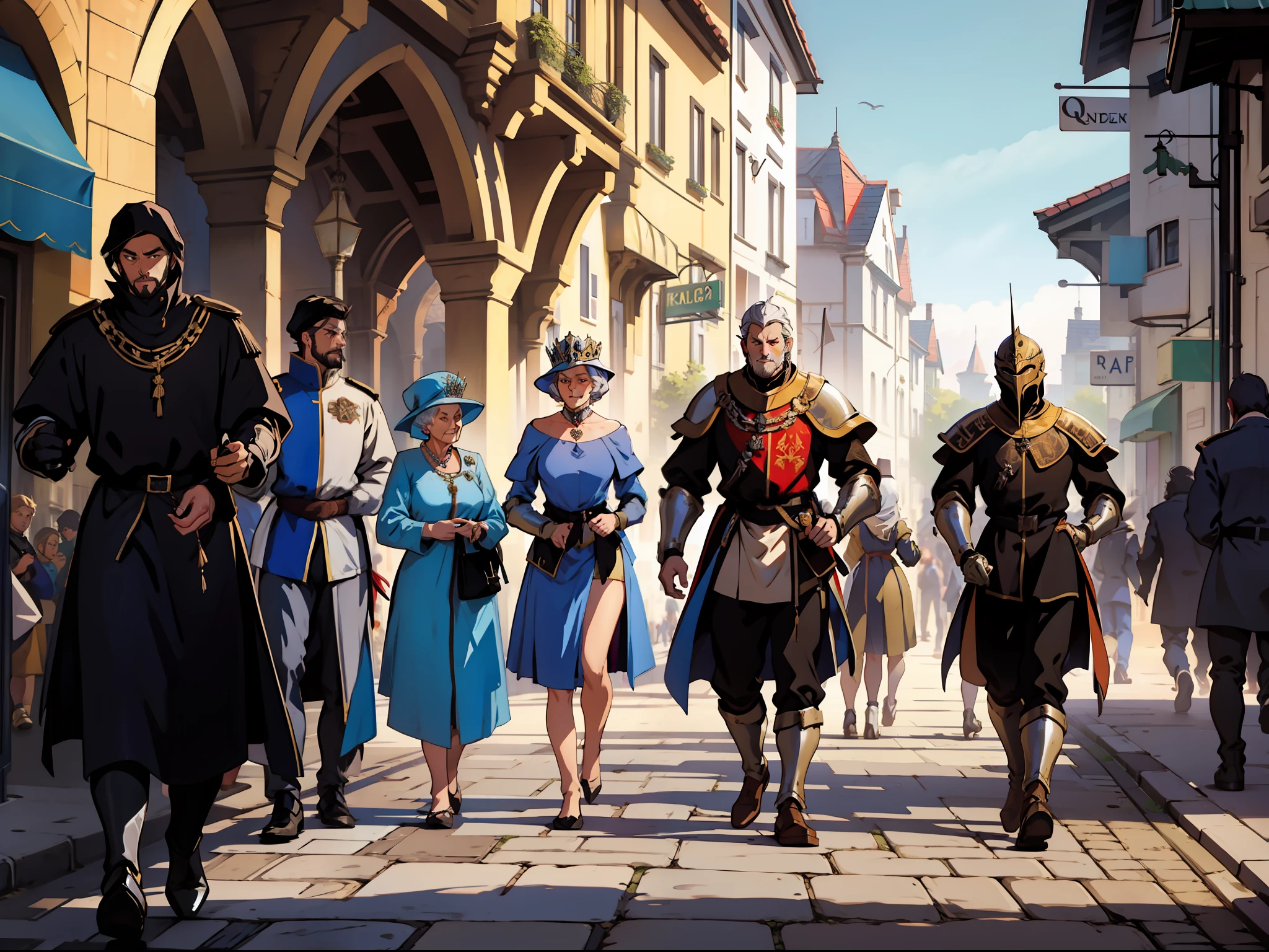 medieval knights walking with the queen through the streets of the city