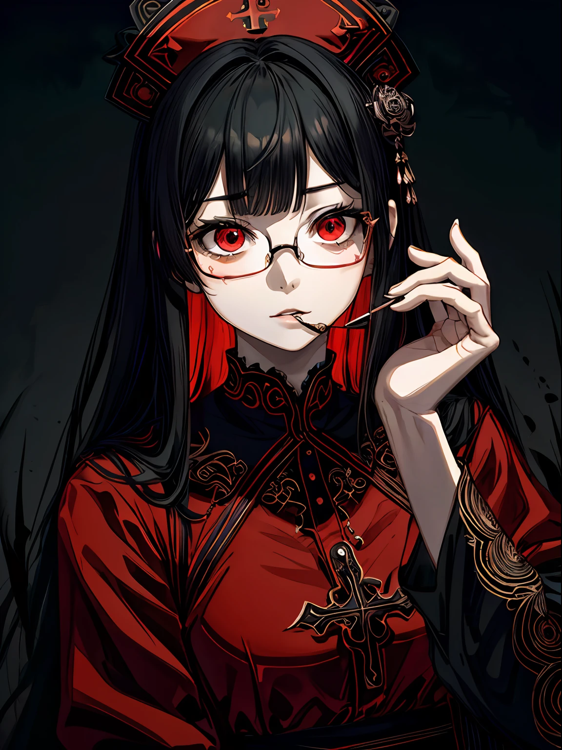 ahe face、Red and black nurse costume、Cross-eyed、Stranger、View other people、Blunt bangs、Sitting,hand between legs, Glasses, over-kneehighs,Ahegao , Silly,Sexual ecstasy,Drunken eyes,Blunt bangs, Black hair,(masutepiece:1.2, Best Quality), (finely detailed beautiful eye: 1.2), (Detailed background,Dark Fantasy), (beautifull detailed face), High contrast, (Best Illumination, extremely delicate and beautiful), ((Cinematic Light)), Colorful, Hyper Detail, Dramatic light, Intricate details,