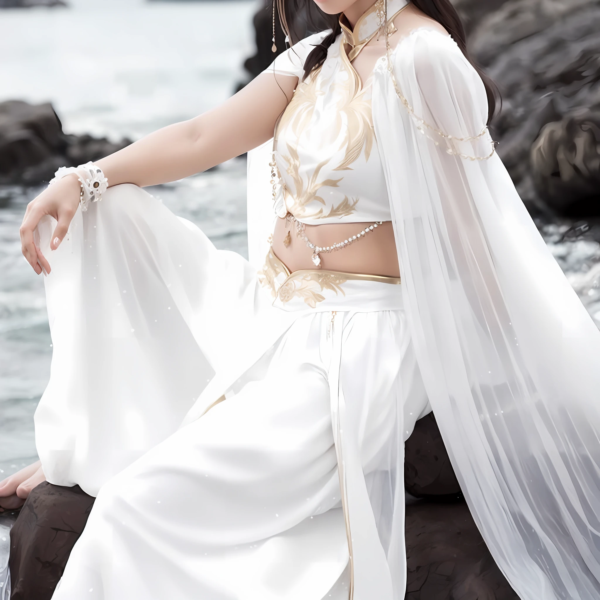 Araki woman in a white dress sits on a rock by the sea, White Hanfu, long white robe,Gold accents, mahira khan as a d&d wizard, ancient white dress, Hanfu, very beautiful elven top model, Palace , A girl in Hanfu, beautiful costume, White cape, Mahira Khan as Mage