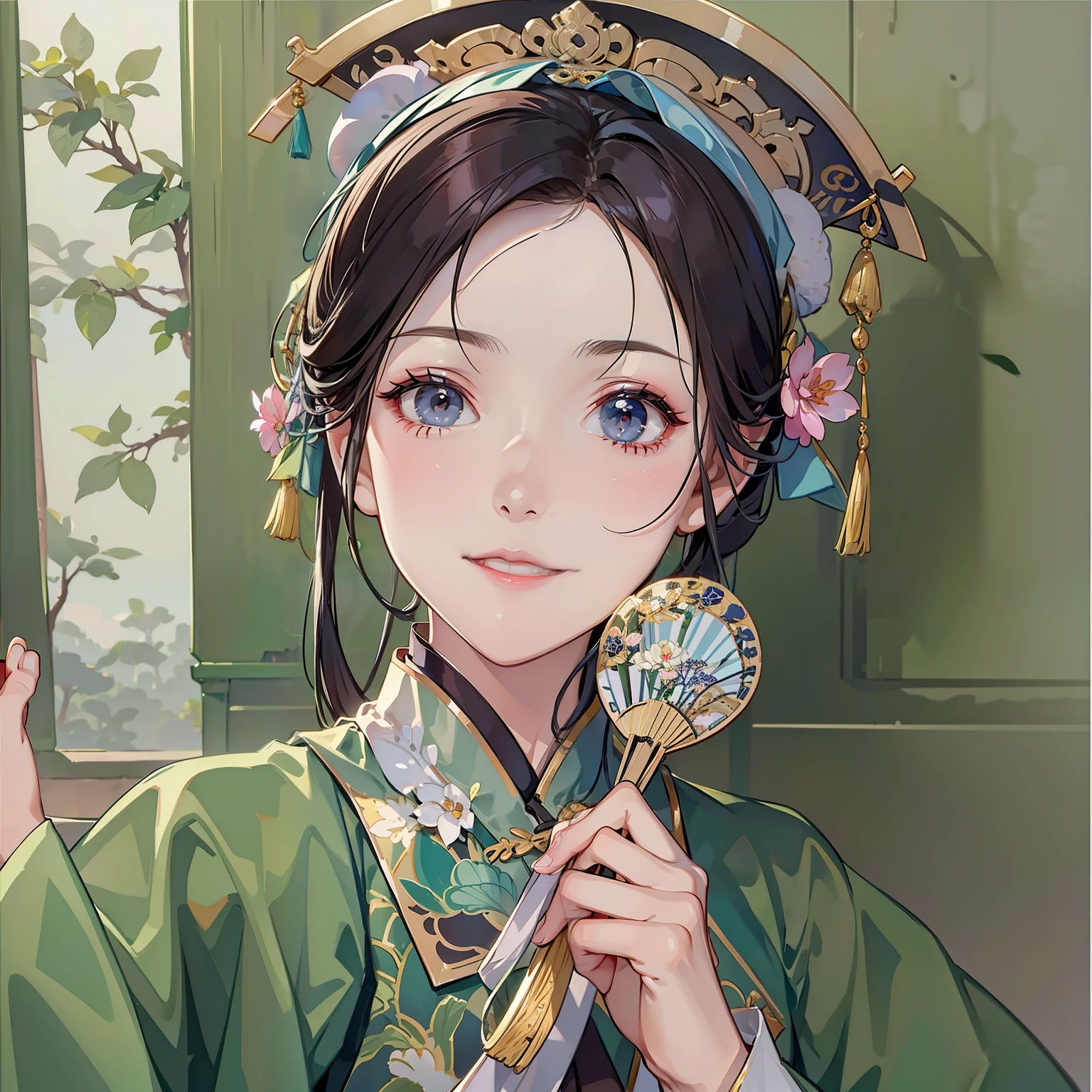 Gentle temperament,Hand held fan,looking to the camera,Gentle smile,China-style